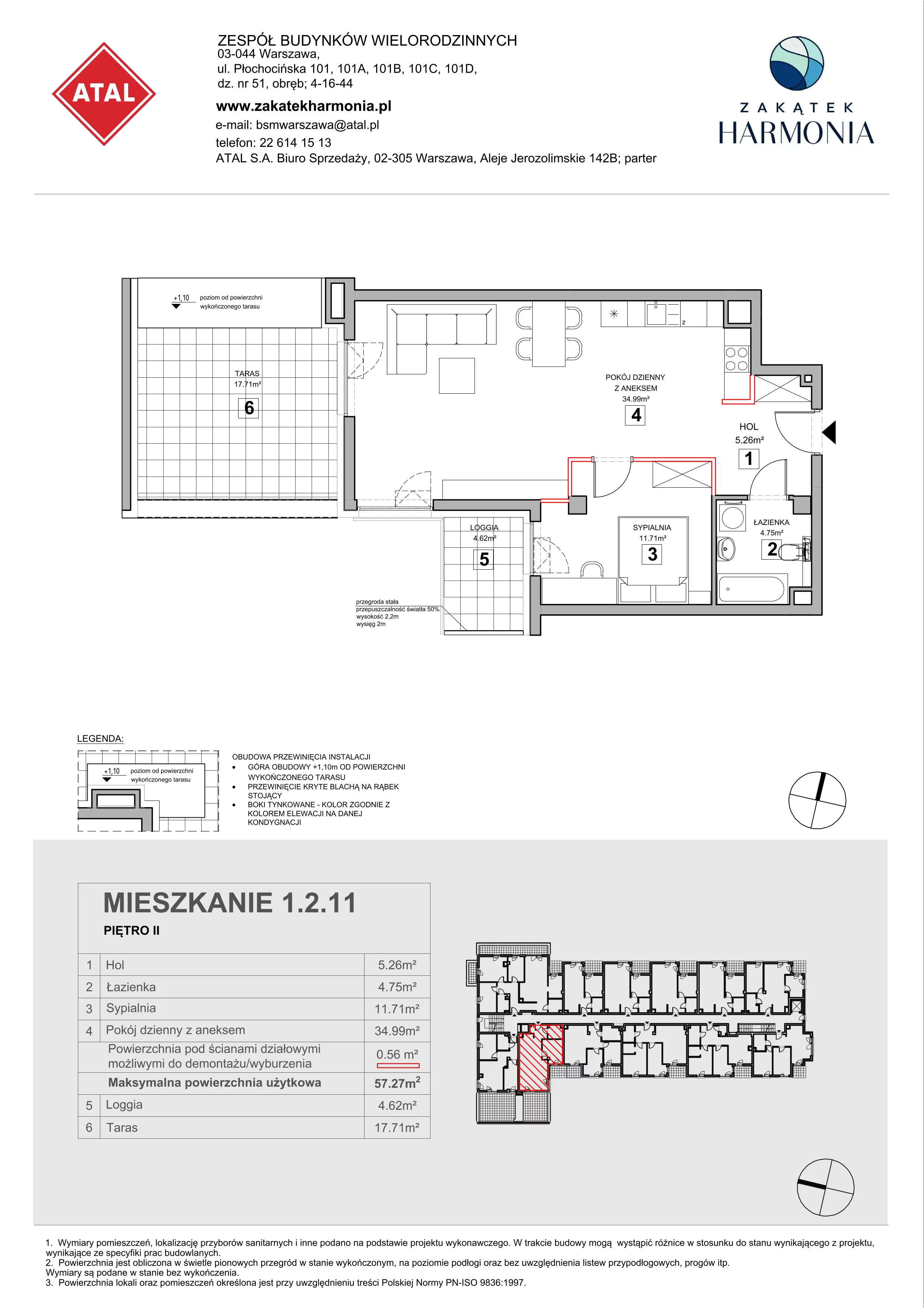 2 pokoje, mieszkanie 57,27 m², piętro 2, oferta nr 1.2.11, Zakątek Harmonia III, Warszawa, Białołęka, Szamocin, ul. Płochocińska