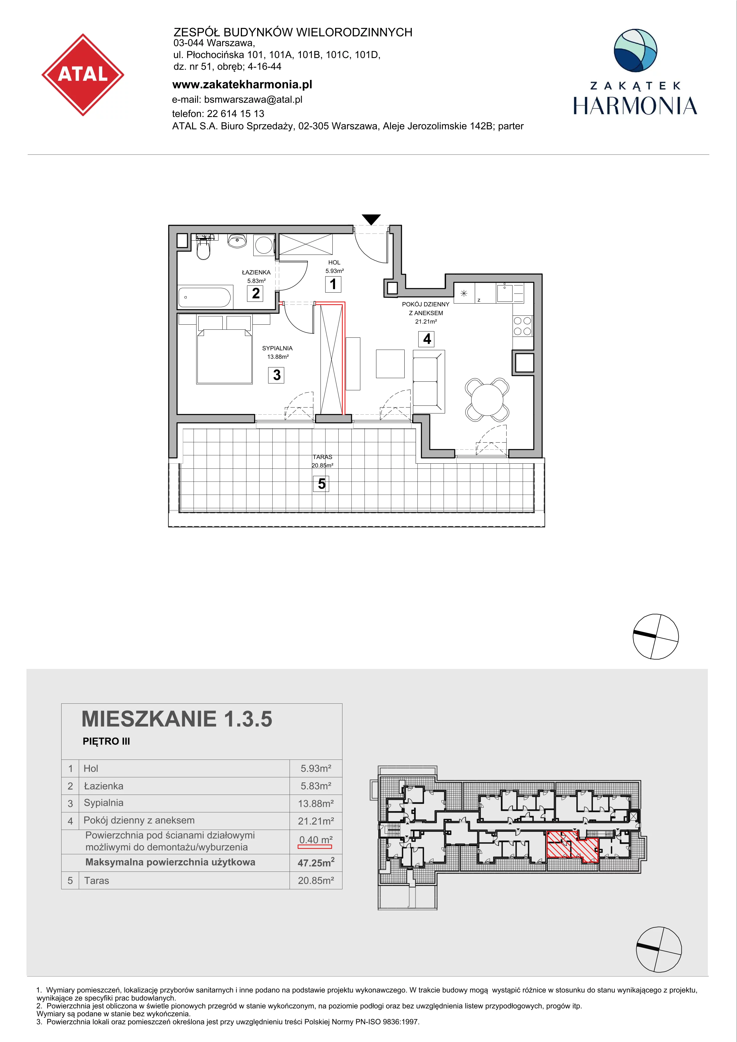 2 pokoje, mieszkanie 47,25 m², piętro 3, oferta nr 1.3.5, Zakątek Harmonia III, Warszawa, Białołęka, Szamocin, ul. Płochocińska