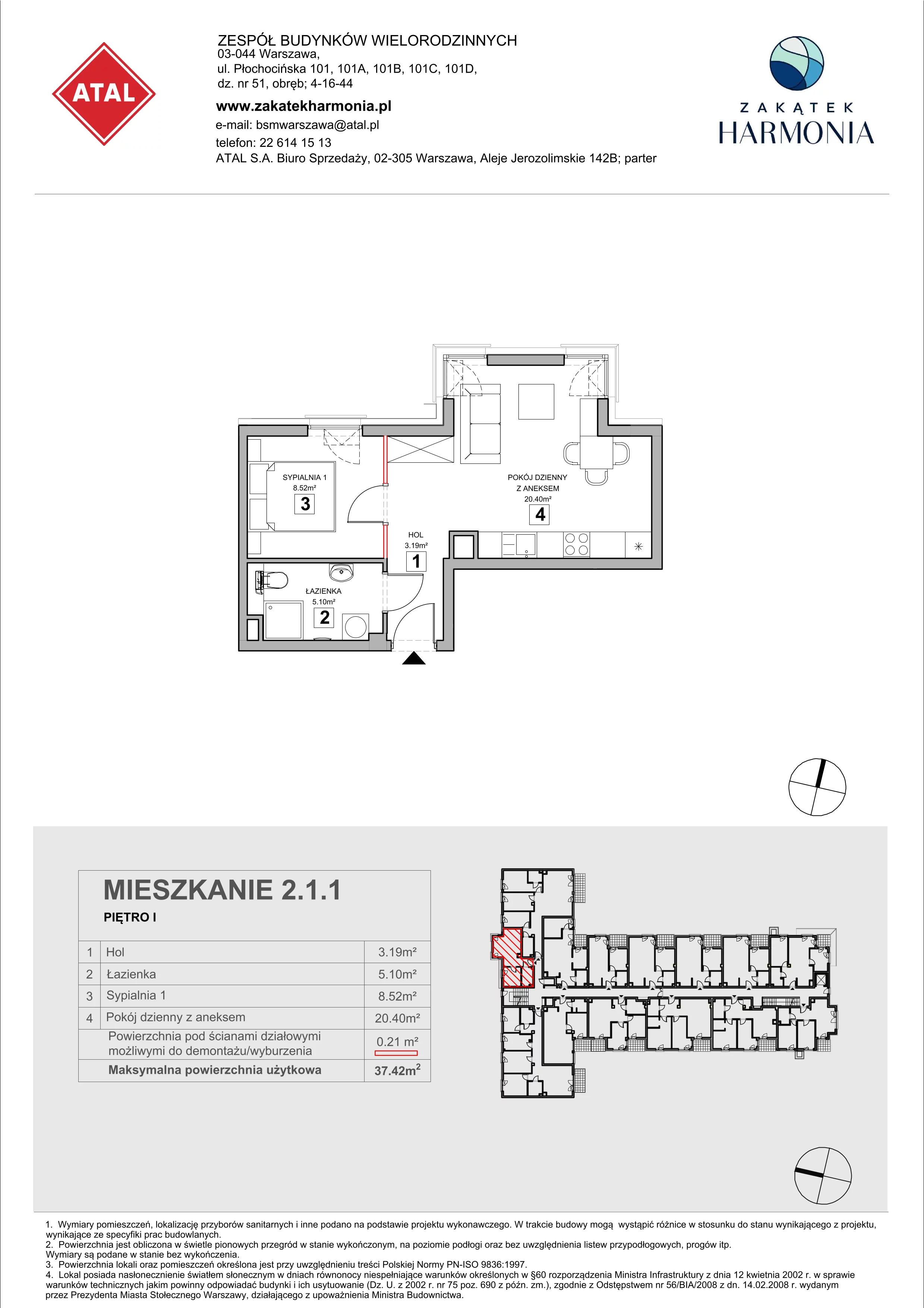 2 pokoje, mieszkanie 37,42 m², piętro 1, oferta nr 2.1.1, Zakątek Harmonia III, Warszawa, Białołęka, Szamocin, ul. Płochocińska