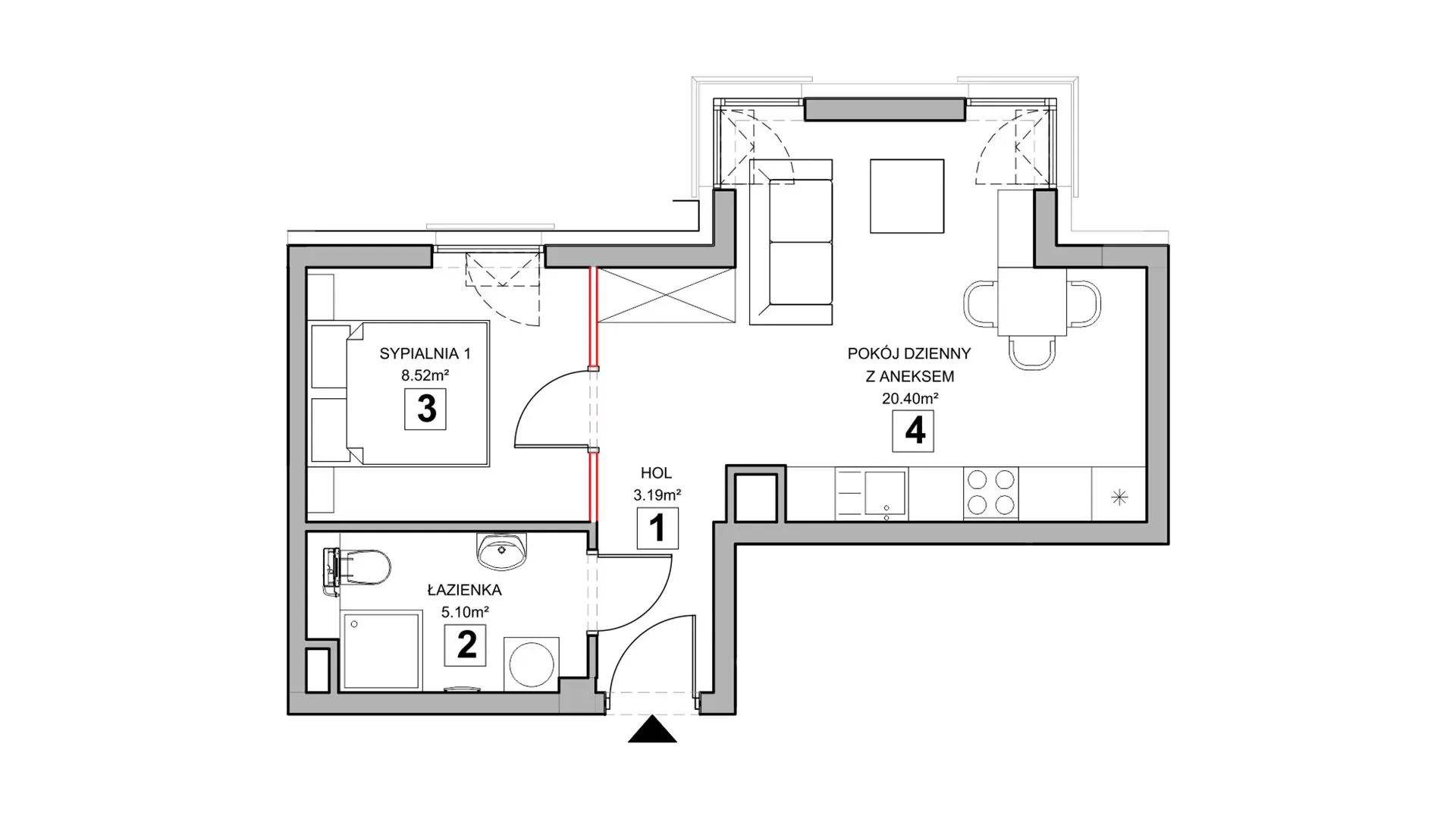 2 pokoje, mieszkanie 37,42 m², piętro 1, oferta nr 2.1.1, Zakątek Harmonia III, Warszawa, Białołęka, Szamocin, ul. Płochocińska
