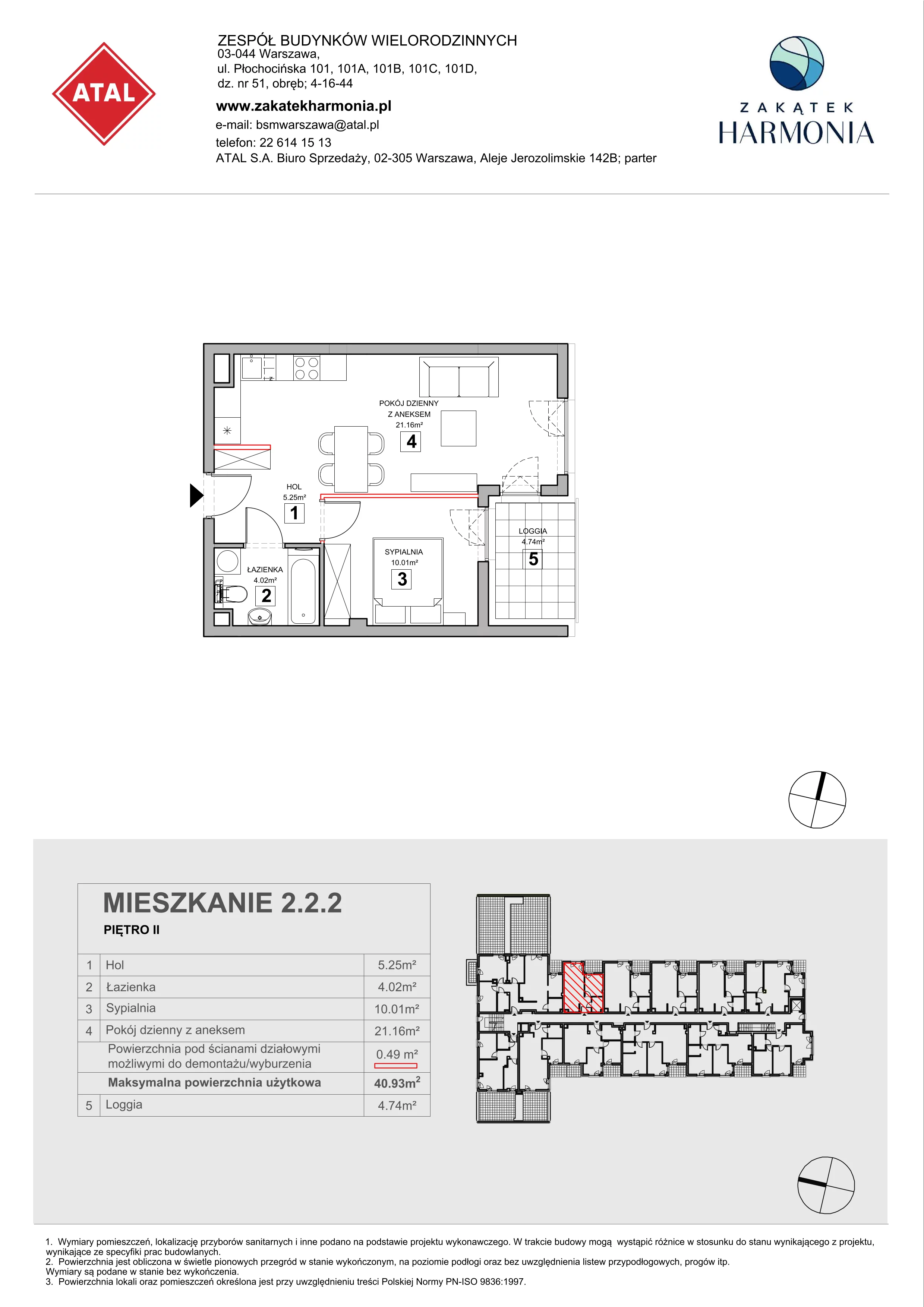 2 pokoje, mieszkanie 40,93 m², piętro 2, oferta nr 2.2.2, Zakątek Harmonia III, Warszawa, Białołęka, Szamocin, ul. Płochocińska