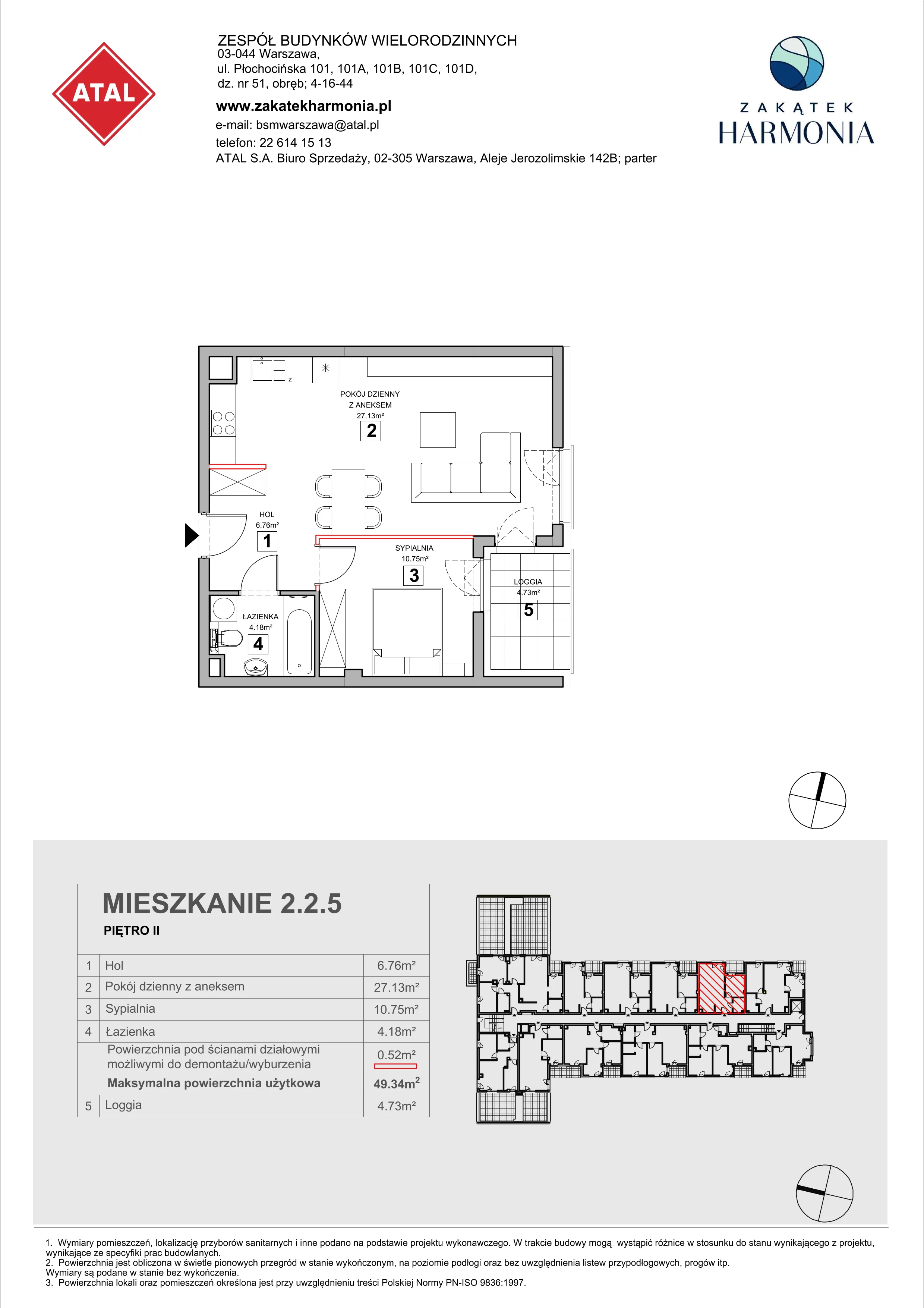 2 pokoje, mieszkanie 49,34 m², piętro 2, oferta nr 2.2.5, Zakątek Harmonia III, Warszawa, Białołęka, Szamocin, ul. Płochocińska
