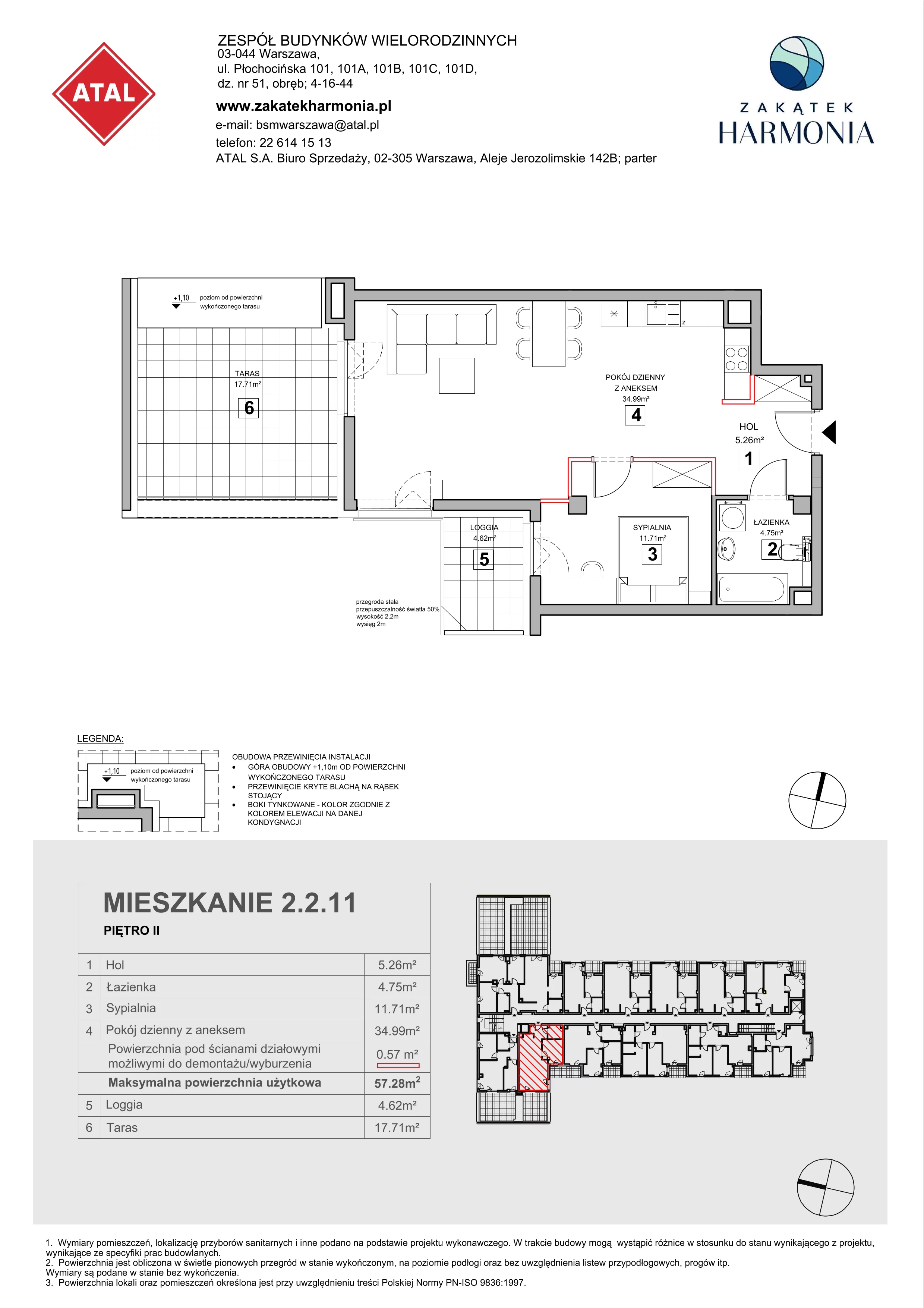 2 pokoje, mieszkanie 57,28 m², piętro 2, oferta nr 2.2.11, Zakątek Harmonia III, Warszawa, Białołęka, Szamocin, ul. Płochocińska