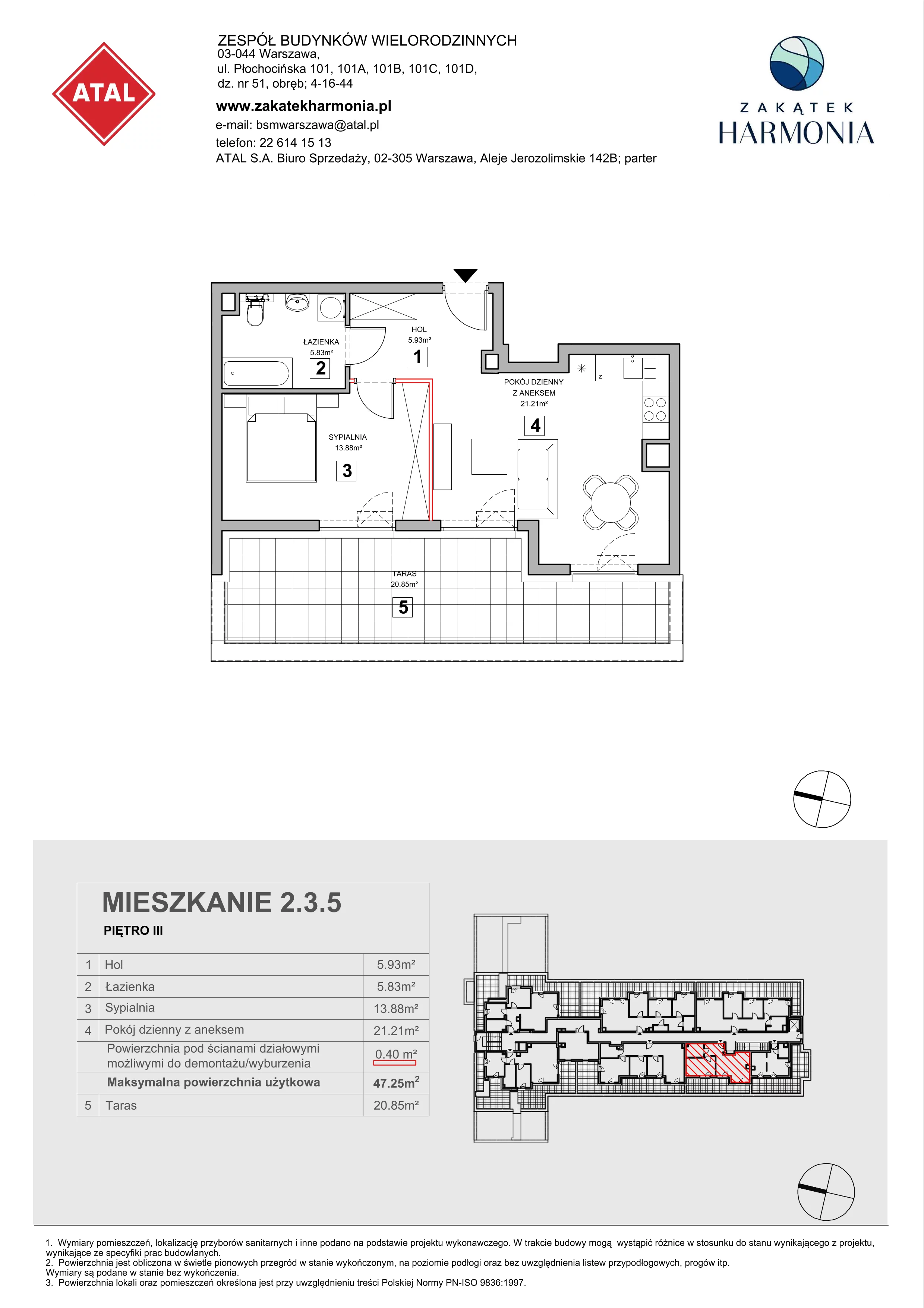 2 pokoje, mieszkanie 47,25 m², piętro 3, oferta nr 2.3.5, Zakątek Harmonia III, Warszawa, Białołęka, Szamocin, ul. Płochocińska