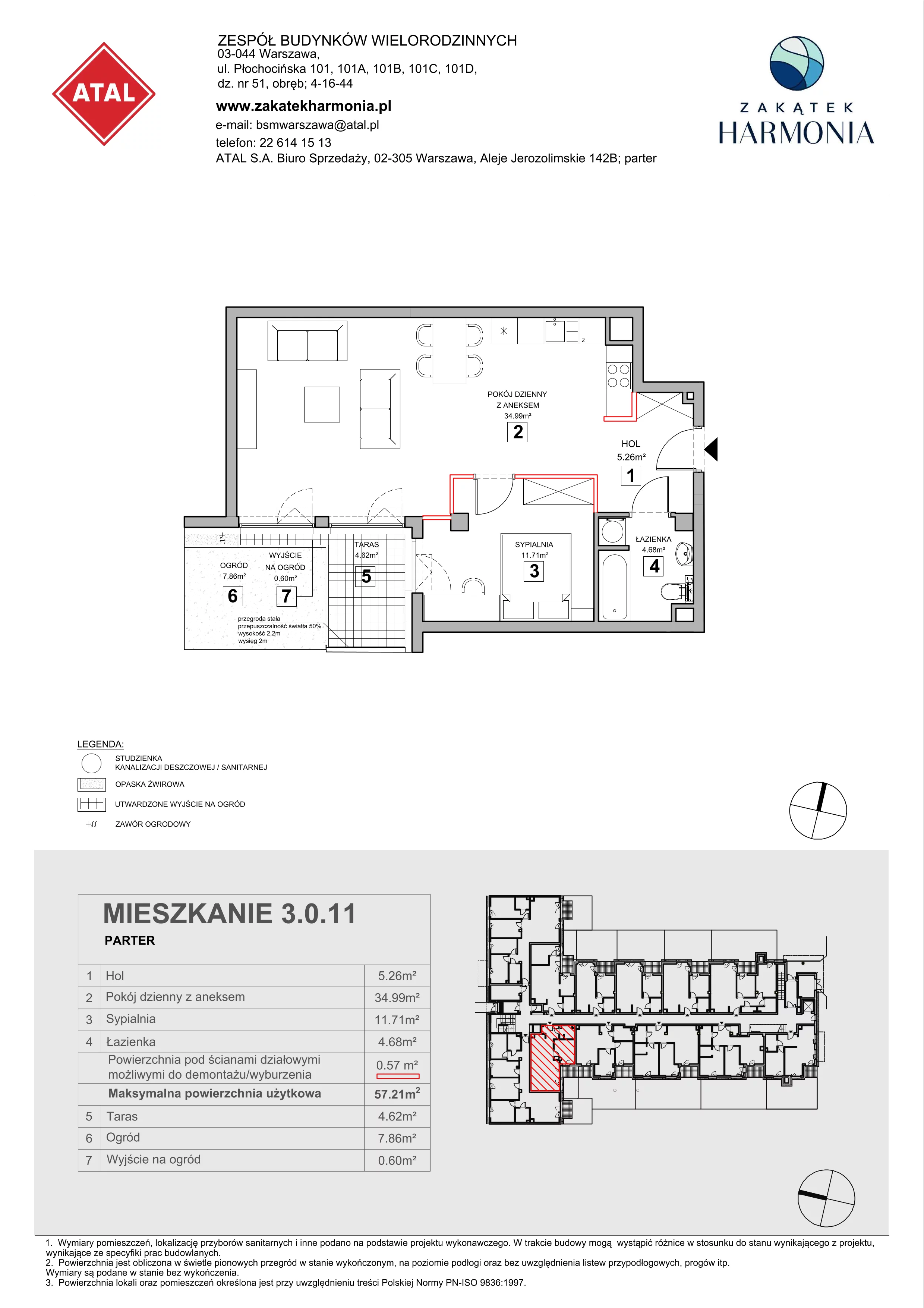 2 pokoje, mieszkanie 57,21 m², parter, oferta nr 3.0.11, Zakątek Harmonia III, Warszawa, Białołęka, Szamocin, ul. Płochocińska