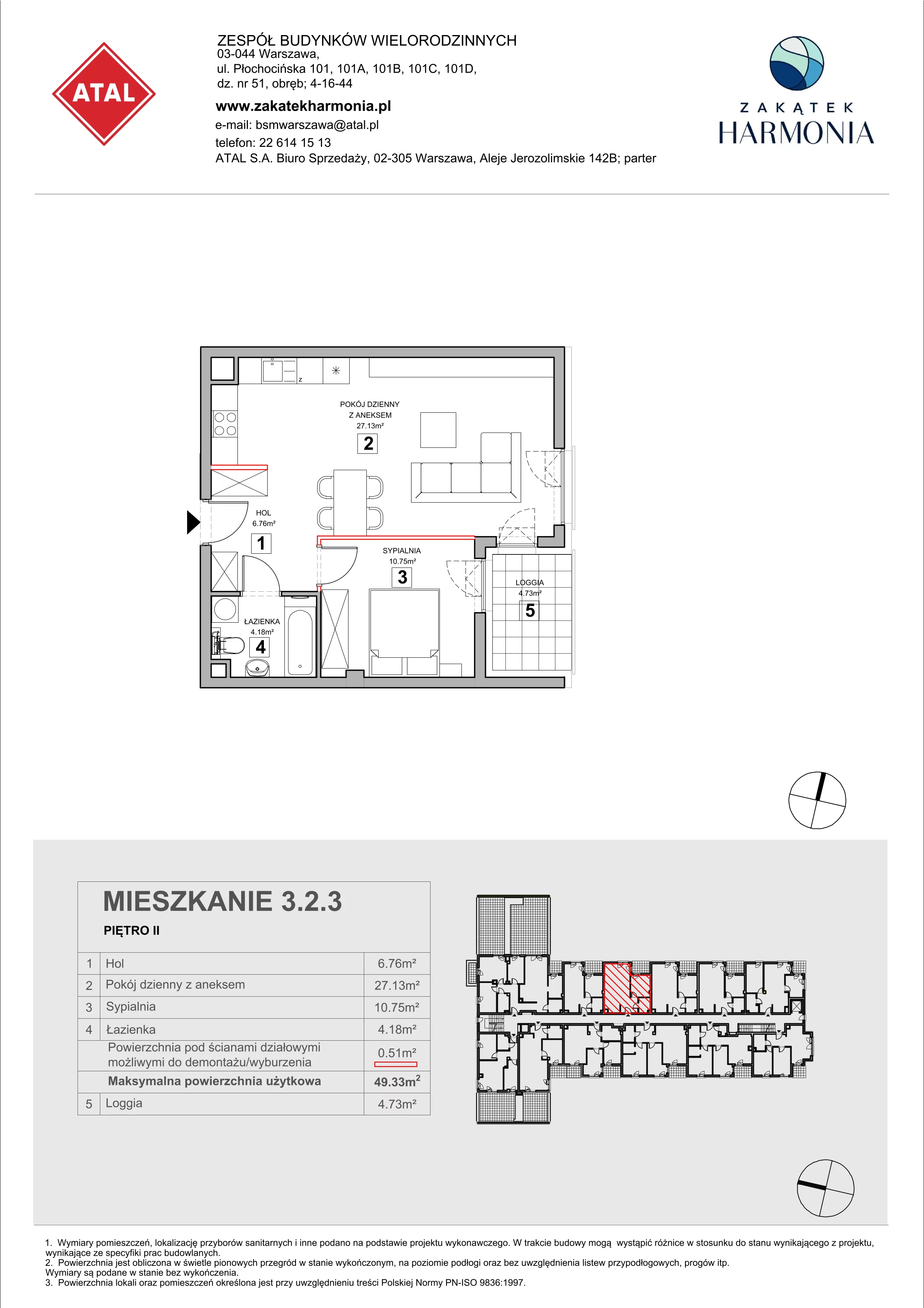 2 pokoje, mieszkanie 49,33 m², piętro 2, oferta nr 3.2.3, Zakątek Harmonia III, Warszawa, Białołęka, Szamocin, ul. Płochocińska