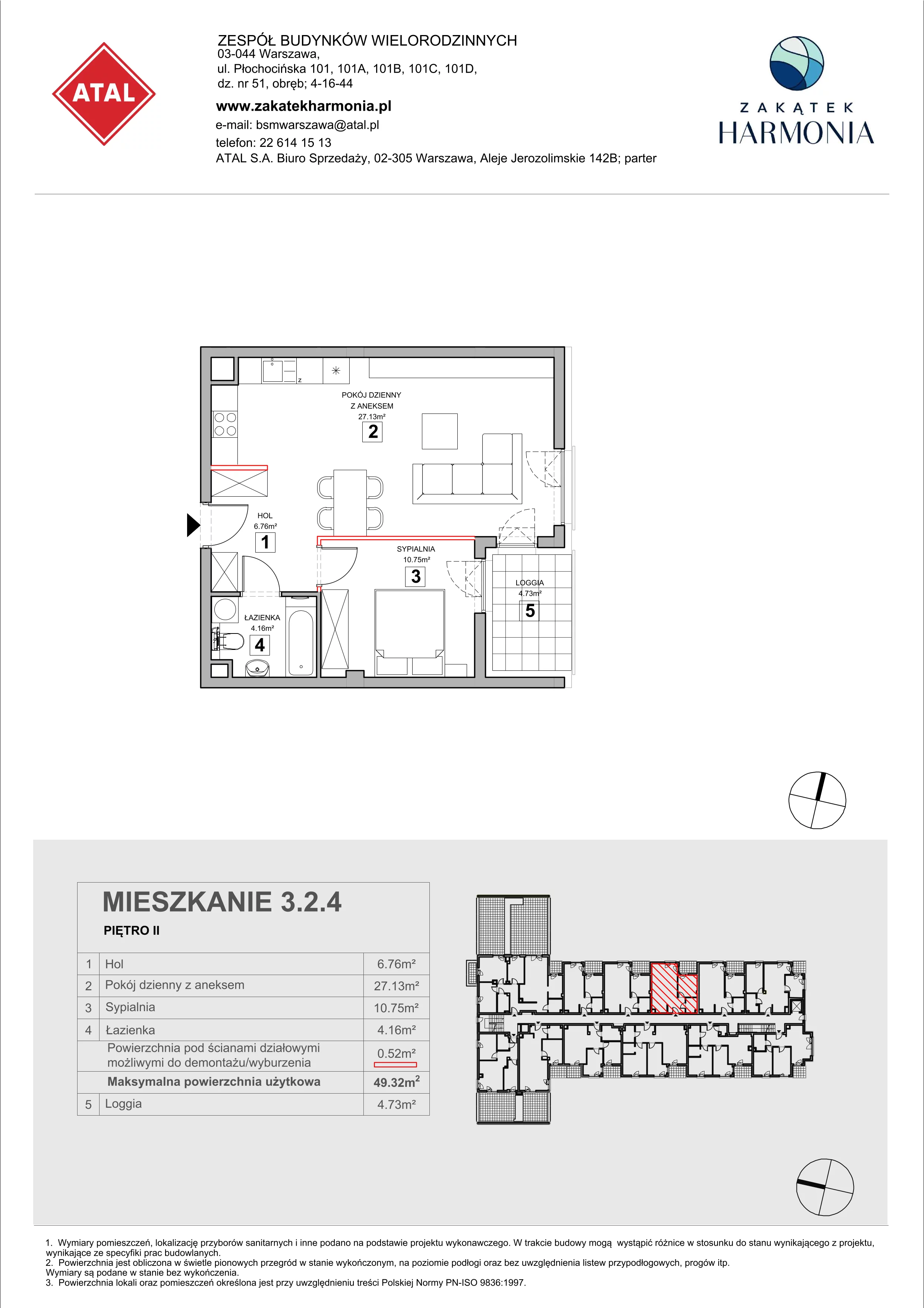 2 pokoje, mieszkanie 49,32 m², piętro 2, oferta nr 3.2.4, Zakątek Harmonia III, Warszawa, Białołęka, Szamocin, ul. Płochocińska