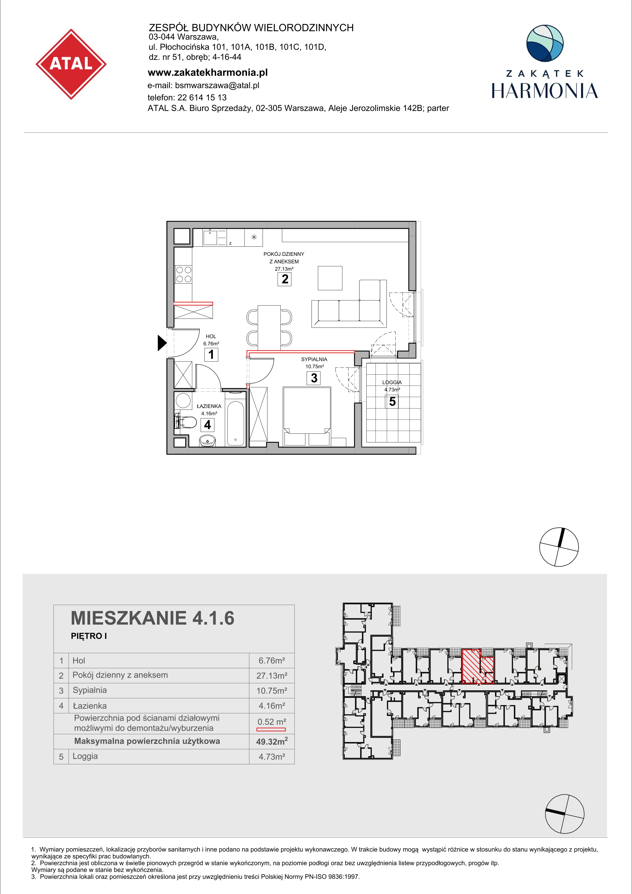 2 pokoje, mieszkanie 49,32 m², piętro 1, oferta nr 4.1.6, Zakątek Harmonia III, Warszawa, Białołęka, Szamocin, ul. Płochocińska