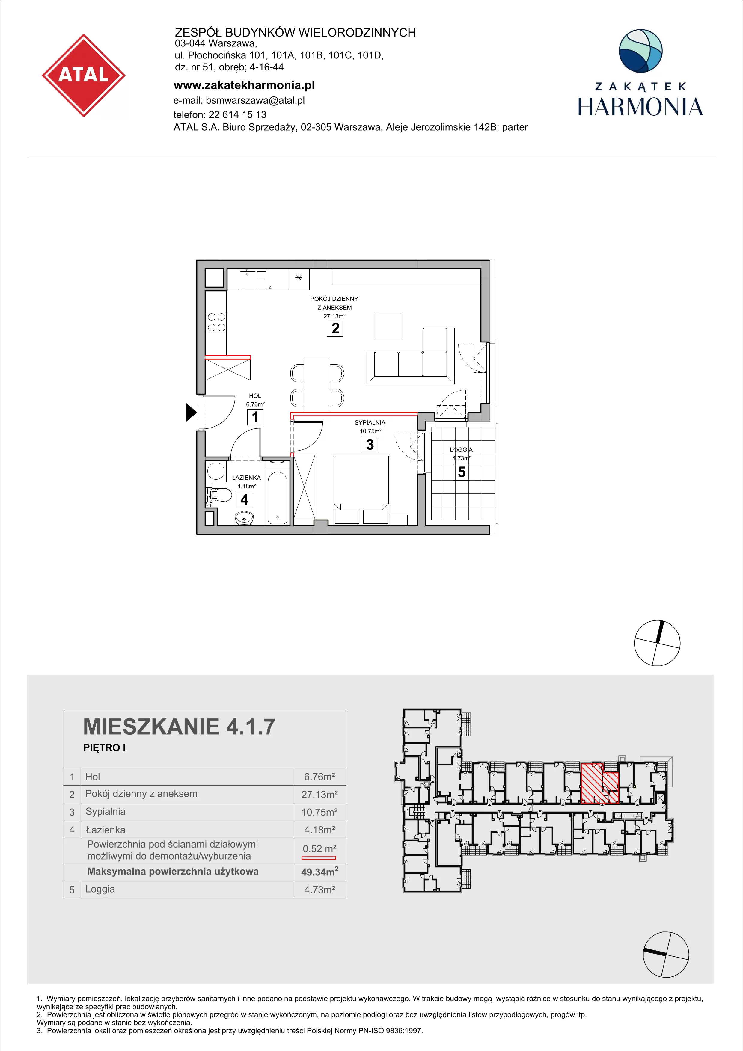 2 pokoje, mieszkanie 49,34 m², piętro 1, oferta nr 4.1.7, Zakątek Harmonia III, Warszawa, Białołęka, Szamocin, ul. Płochocińska