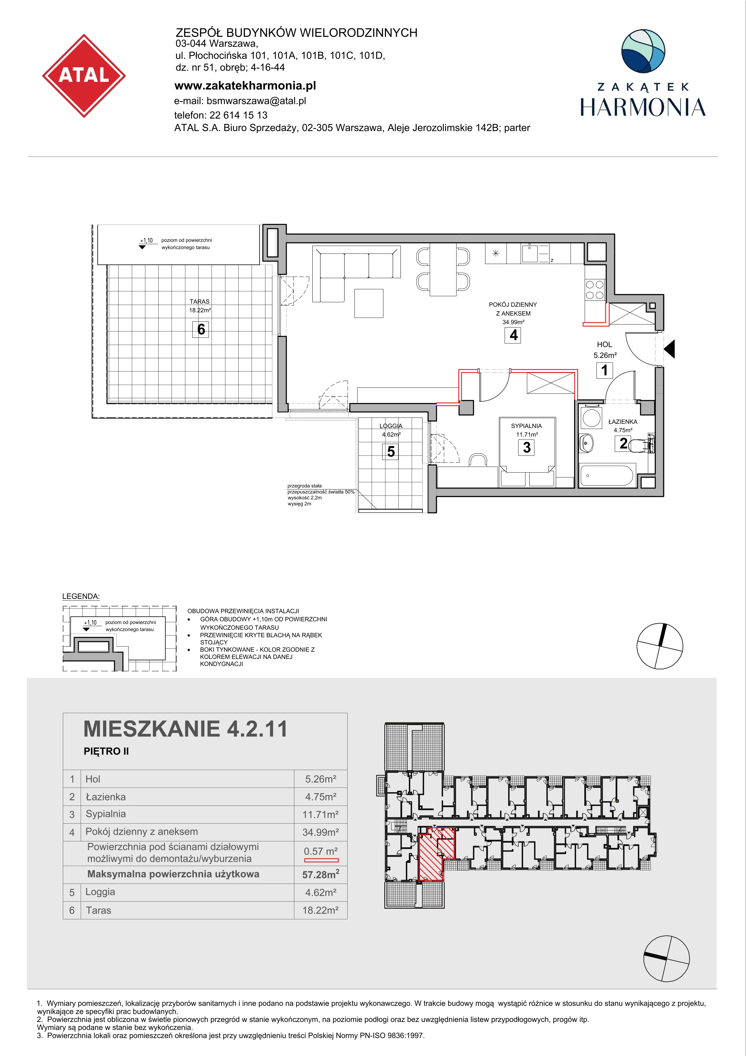 2 pokoje, mieszkanie 57,28 m², piętro 2, oferta nr 4.2.11, Zakątek Harmonia III, Warszawa, Białołęka, Szamocin, ul. Płochocińska