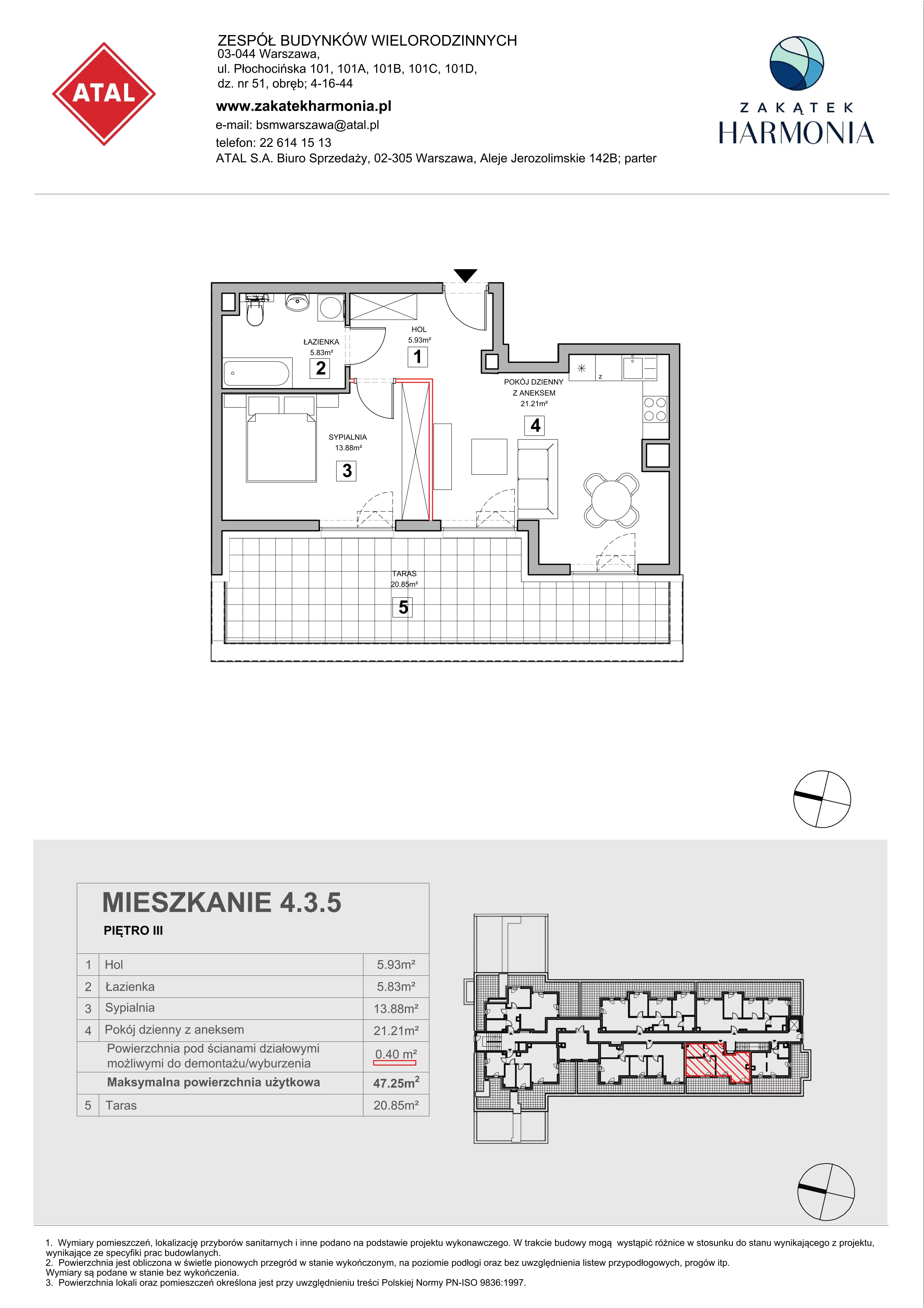 2 pokoje, mieszkanie 47,25 m², piętro 3, oferta nr 4.3.5, Zakątek Harmonia III, Warszawa, Białołęka, Szamocin, ul. Płochocińska