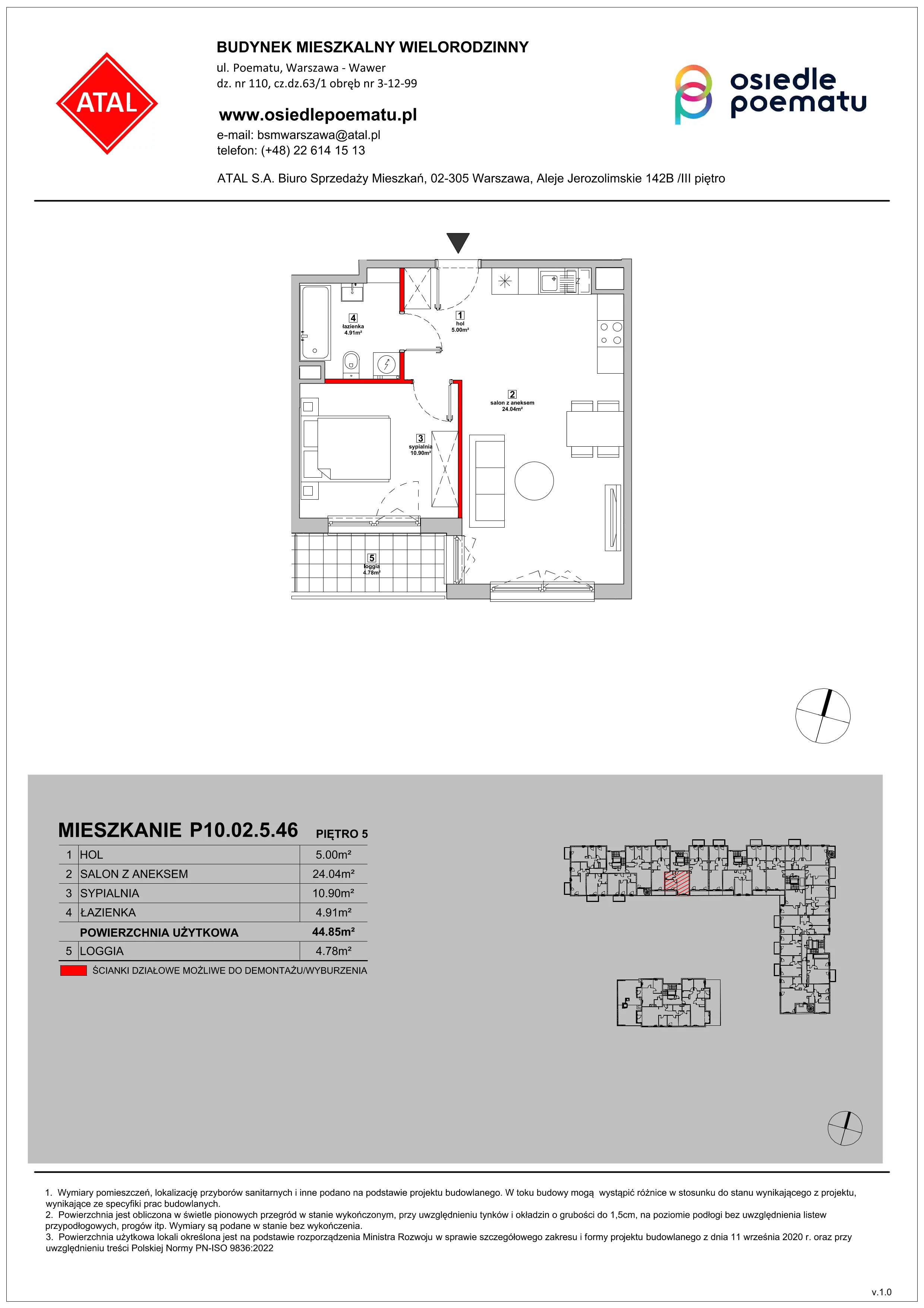 Mieszkanie 44,85 m², piętro 5, oferta nr P10.02.5.46, Osiedle Poematu, Warszawa, Wawer, Falenica, ul. Poematu