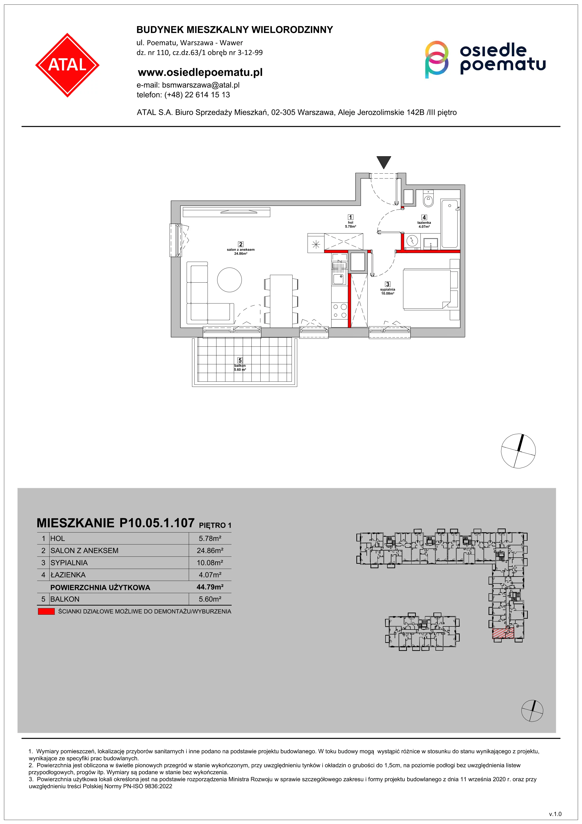 Mieszkanie 44,79 m², piętro 1, oferta nr P10.05.1.107, Osiedle Poematu, Warszawa, Wawer, Falenica, ul. Poematu