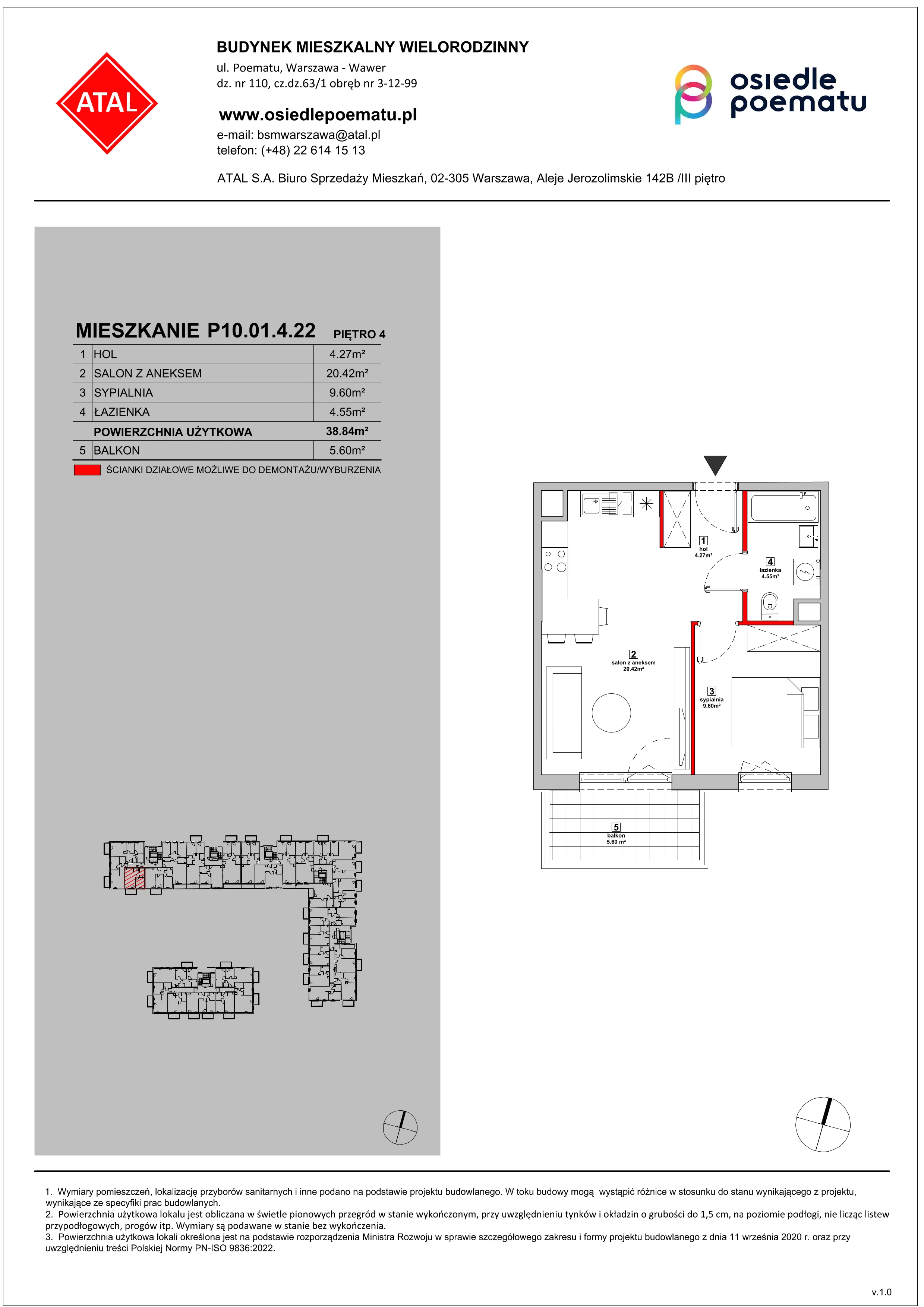 2 pokoje, mieszkanie 38,84 m², piętro 4, oferta nr P10.01.4.22, Osiedle Poematu, Warszawa, Wawer, Falenica, ul. Poematu
