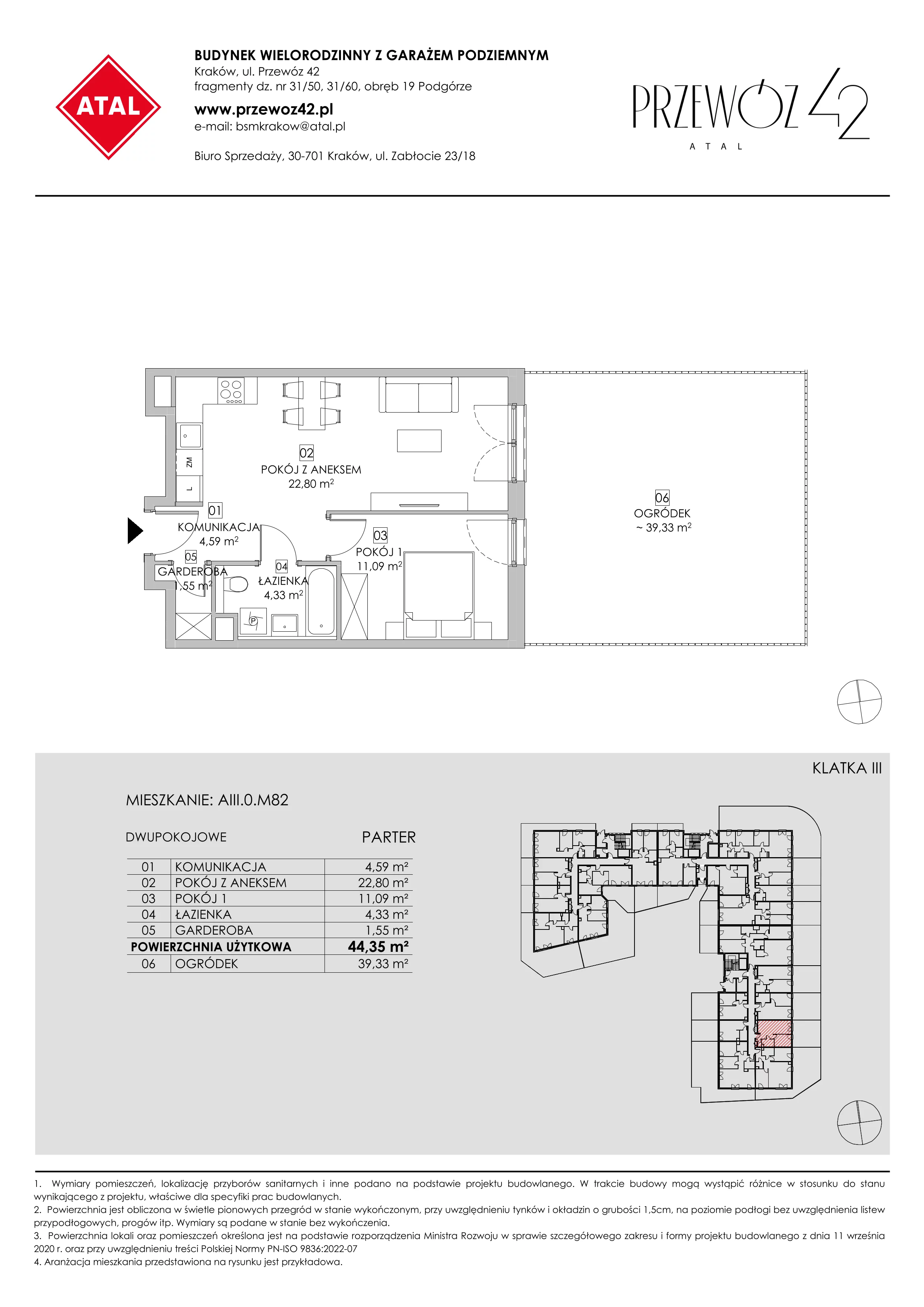 Mieszkanie 44,35 m², parter, oferta nr AIII.0.M82, Przewóz 42 ATAL, Kraków, Podgórze, Płaszów, ul. Przewóz 42