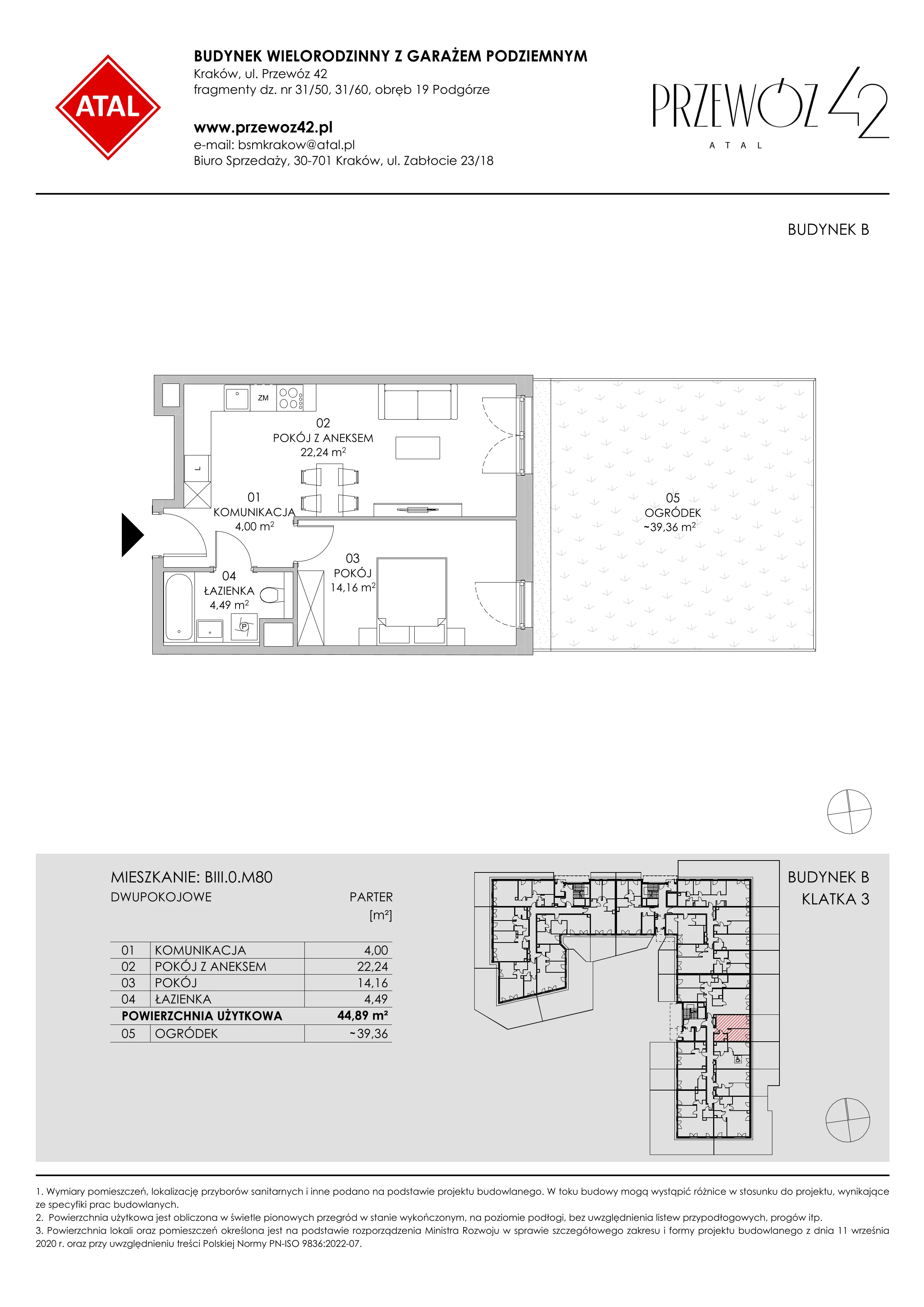 Mieszkanie 44,89 m², parter, oferta nr BIII.0.M80, Przewóz 42 ATAL II, Kraków, Podgórze, Płaszów, ul. Przewóz 42