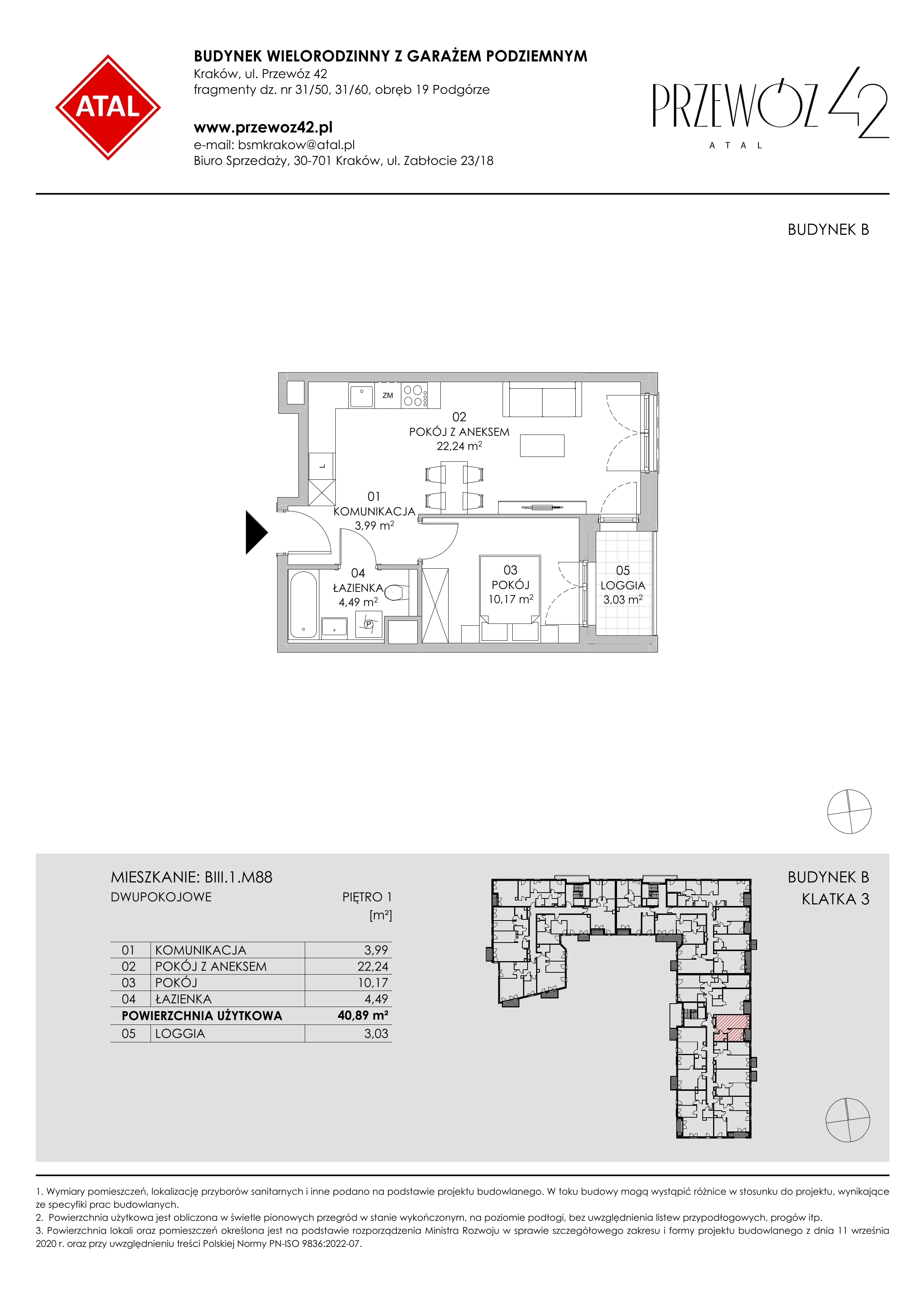 Mieszkanie 40,89 m², piętro 1, oferta nr BIII.1.M88, Przewóz 42 ATAL II, Kraków, Podgórze, Płaszów, ul. Przewóz 42