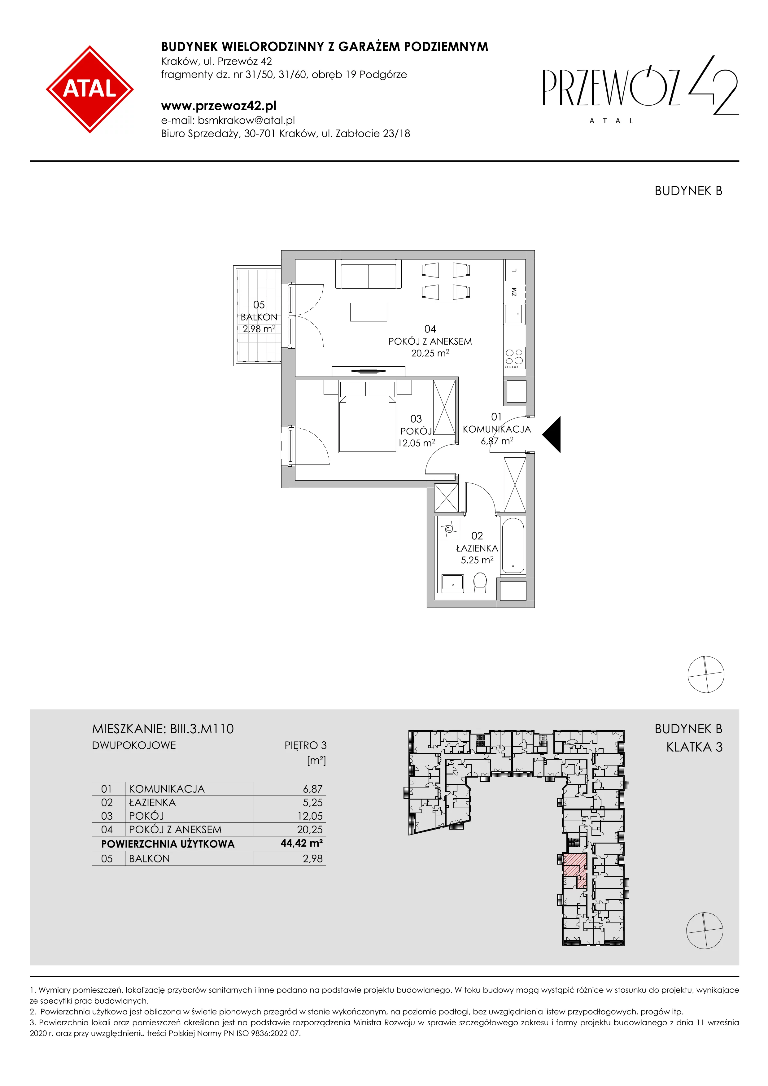 Mieszkanie 44,42 m², piętro 3, oferta nr BIII.3.M110, Przewóz 42 ATAL II, Kraków, Podgórze, Płaszów, ul. Przewóz 42