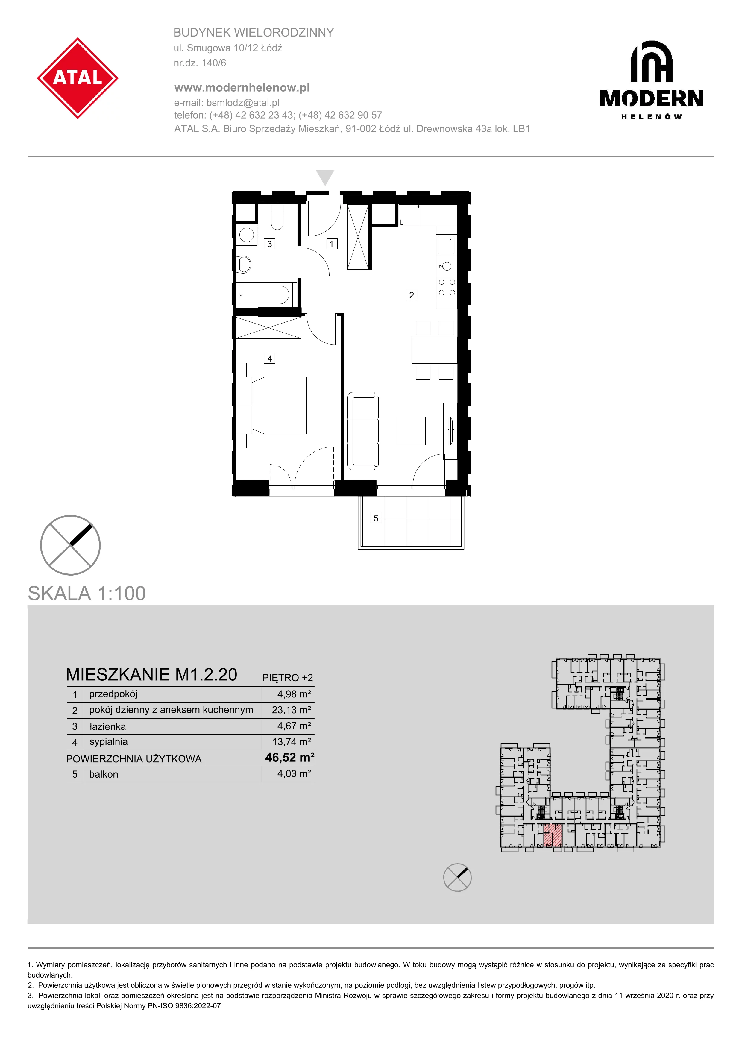 Mieszkanie 46,52 m², piętro 2, oferta nr M1.2.20, Modern Helenów, Łódź, Bałuty, Helenów, ul. Smugowa 10/12