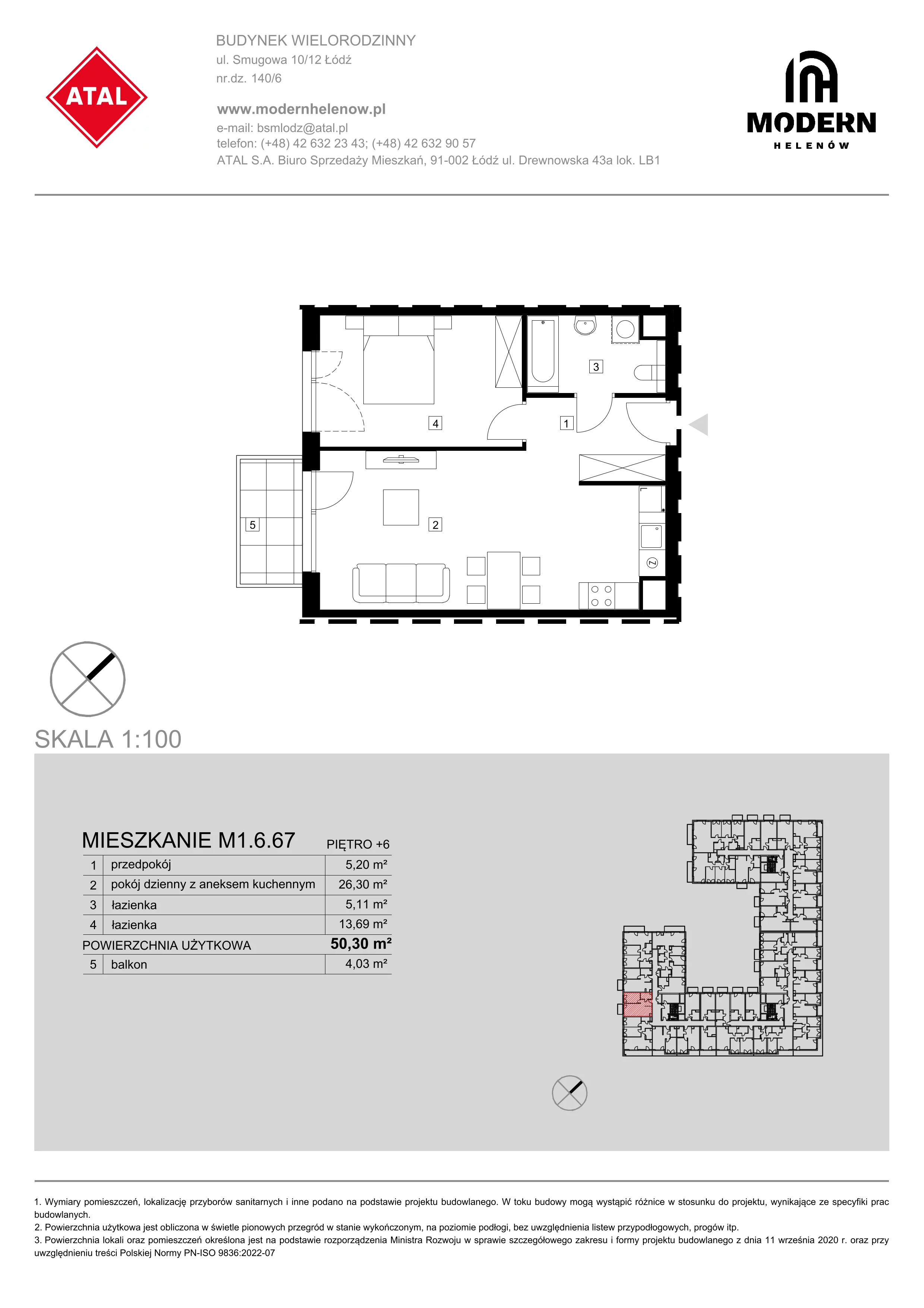 Mieszkanie 50,30 m², piętro 6, oferta nr M1.6.67, Modern Helenów, Łódź, Bałuty, Helenów, ul. Smugowa 10/12