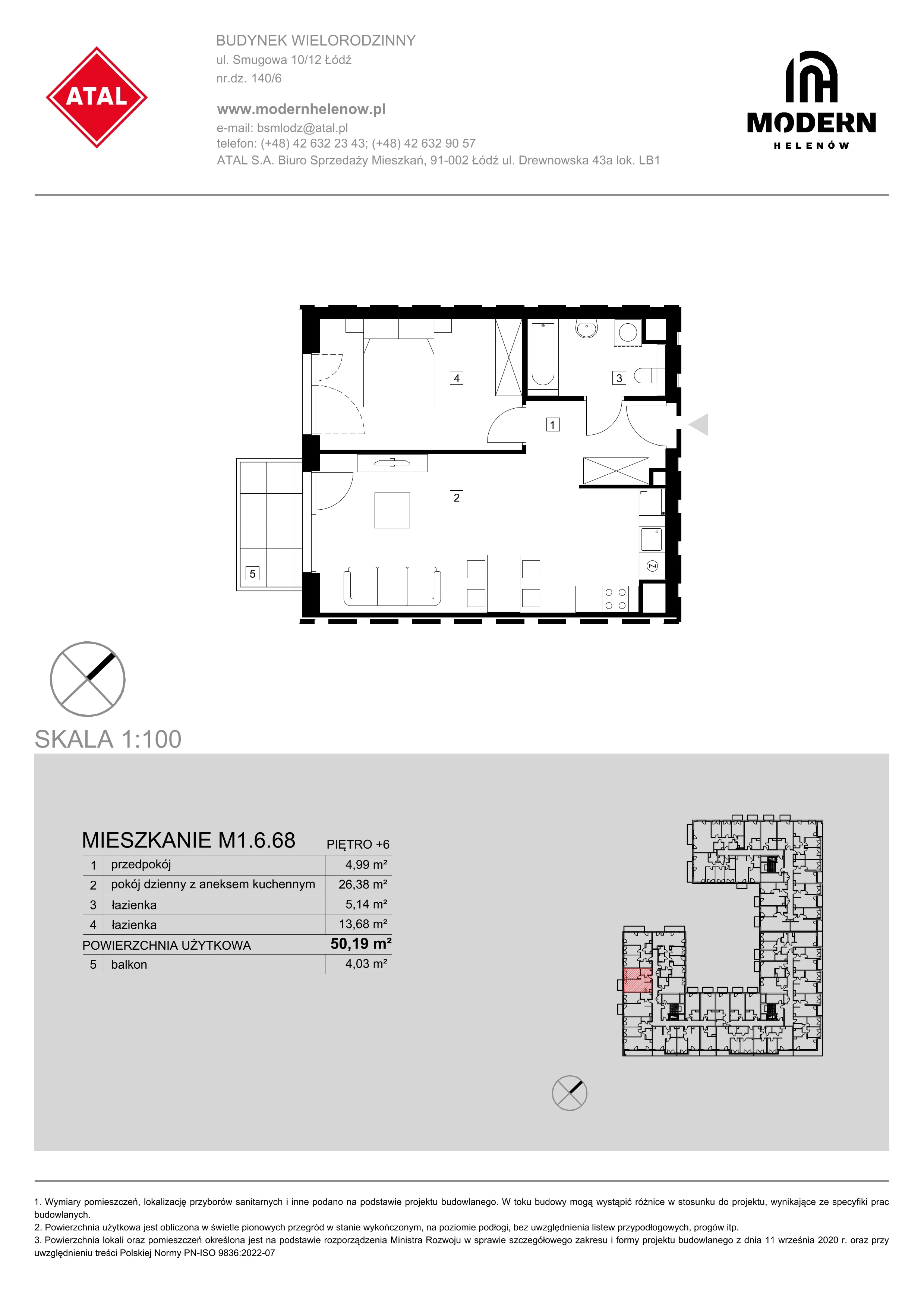 Mieszkanie 50,20 m², piętro 6, oferta nr M1.6.68, Modern Helenów, Łódź, Bałuty, Helenów, ul. Smugowa 10/12