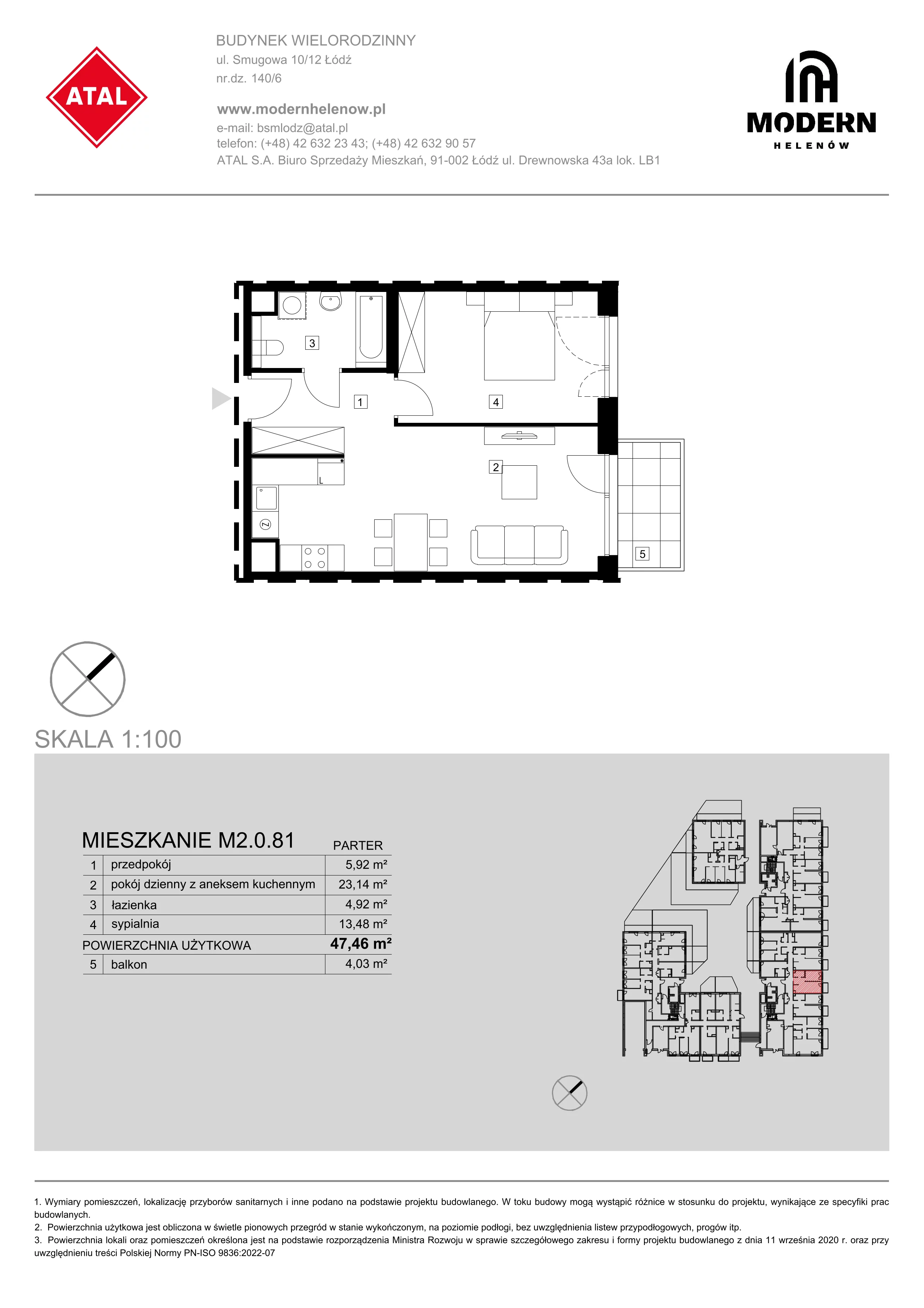 Mieszkanie 47,46 m², parter, oferta nr M2.0.81, Modern Helenów, Łódź, Bałuty, Helenów, ul. Smugowa 10/12