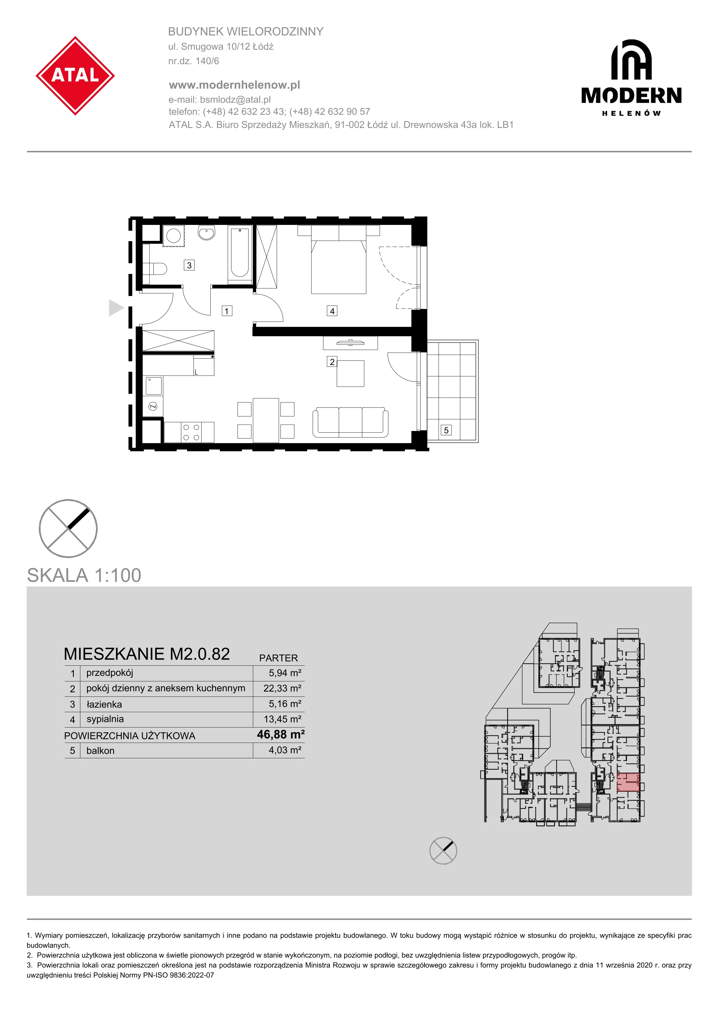 Mieszkanie 46,88 m², parter, oferta nr M2.0.82, Modern Helenów, Łódź, Bałuty, Helenów, ul. Smugowa 10/12