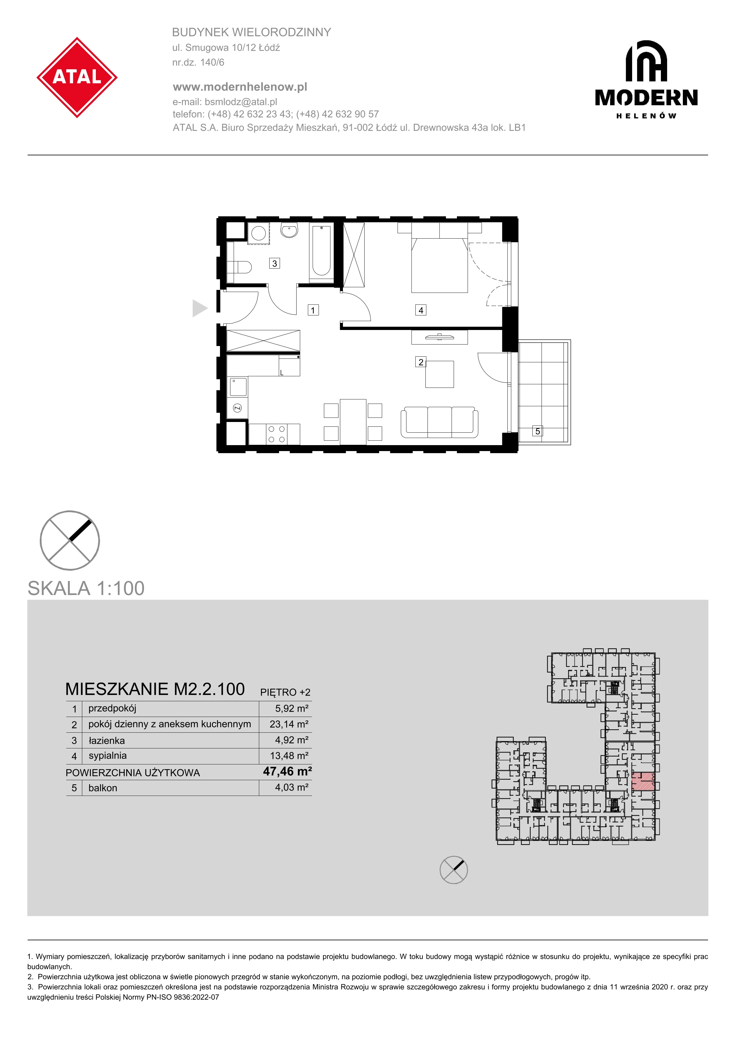 Mieszkanie 47,46 m², piętro 2, oferta nr M2.2.100, Modern Helenów, Łódź, Bałuty, Helenów, ul. Smugowa 10/12