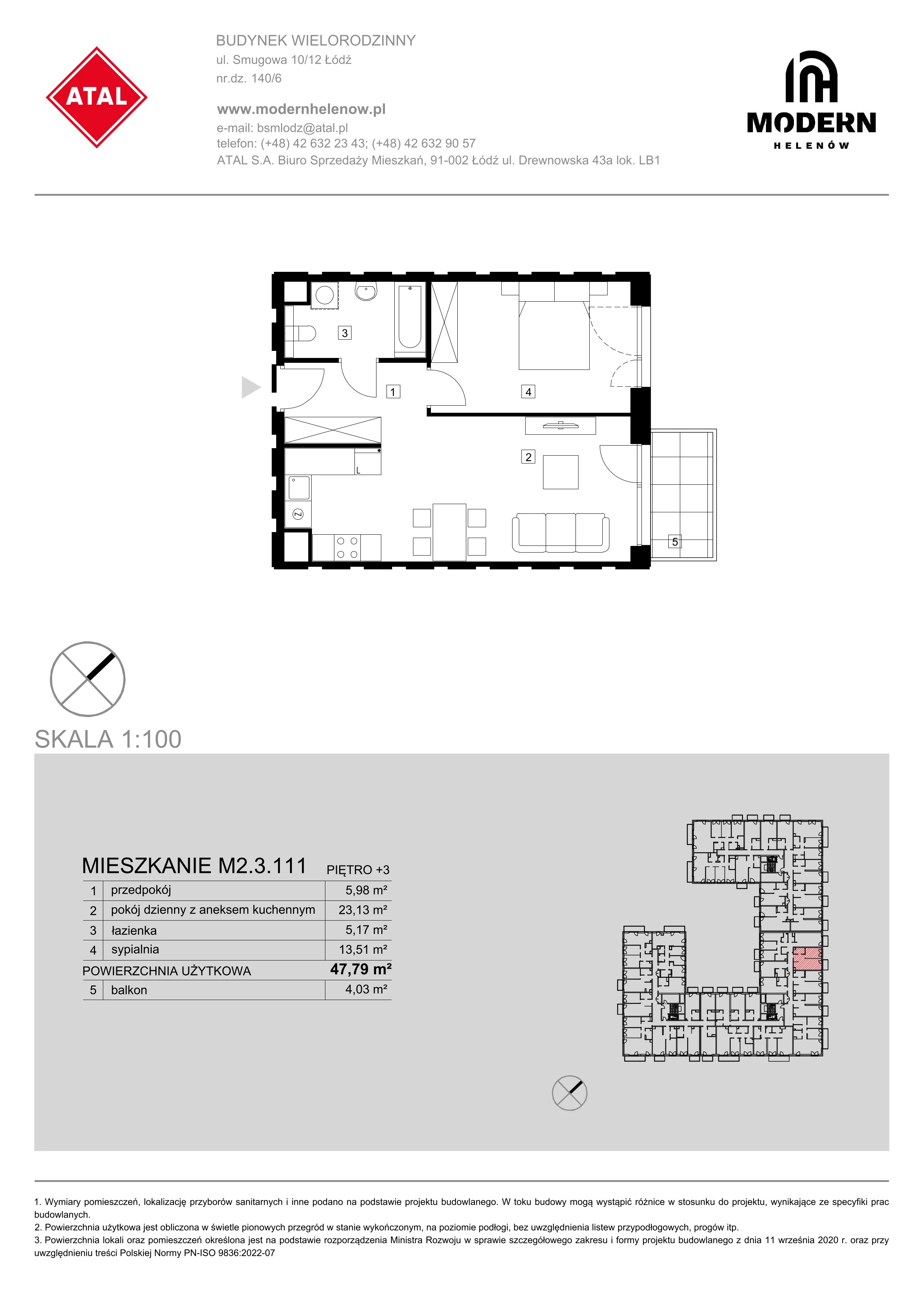 Mieszkanie 47,79 m², piętro 3, oferta nr M2.3.111, Modern Helenów, Łódź, Bałuty, Helenów, ul. Smugowa 10/12