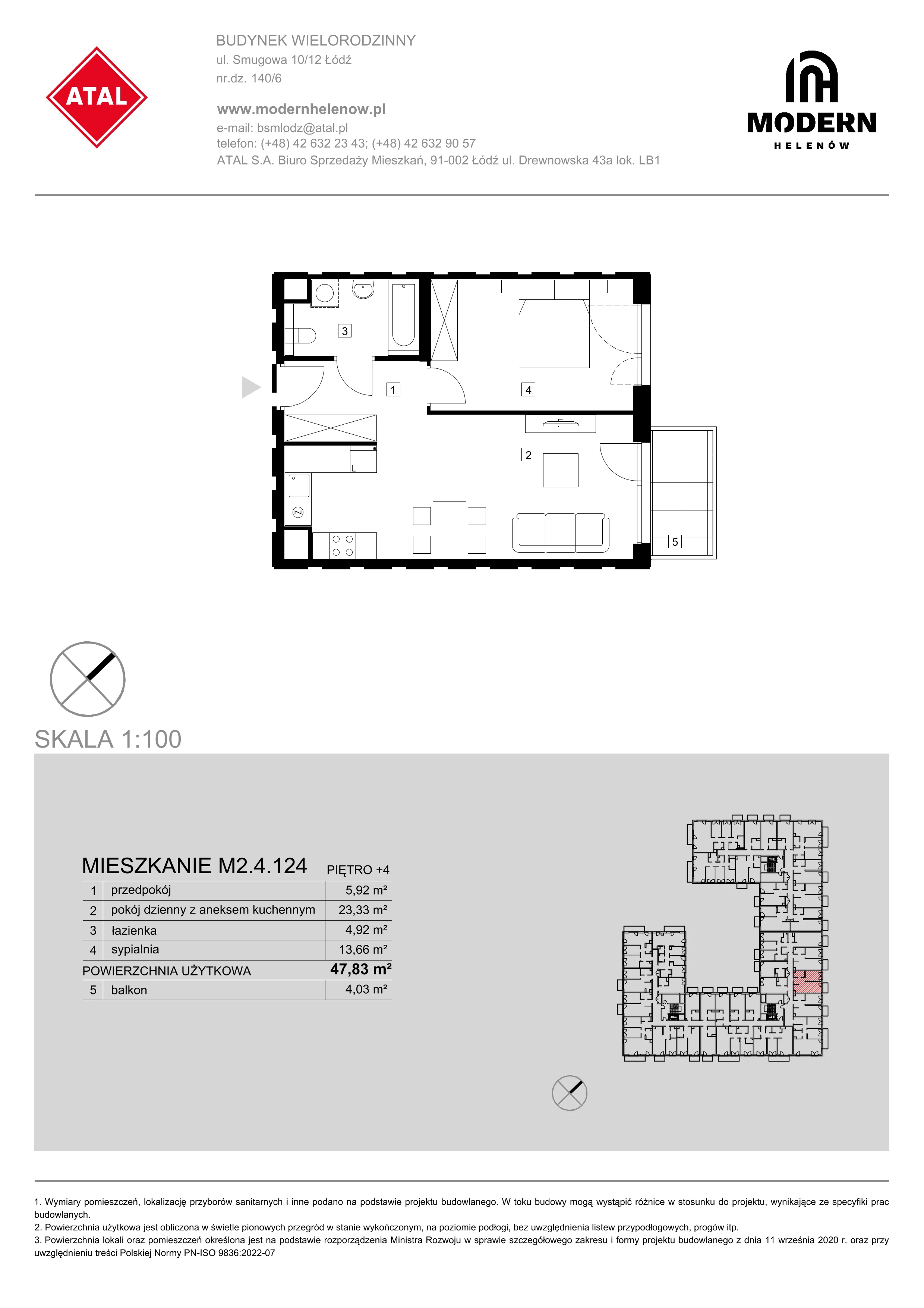 Mieszkanie 47,83 m², piętro 4, oferta nr M2.4.124, Modern Helenów, Łódź, Bałuty, Helenów, ul. Smugowa 10/12