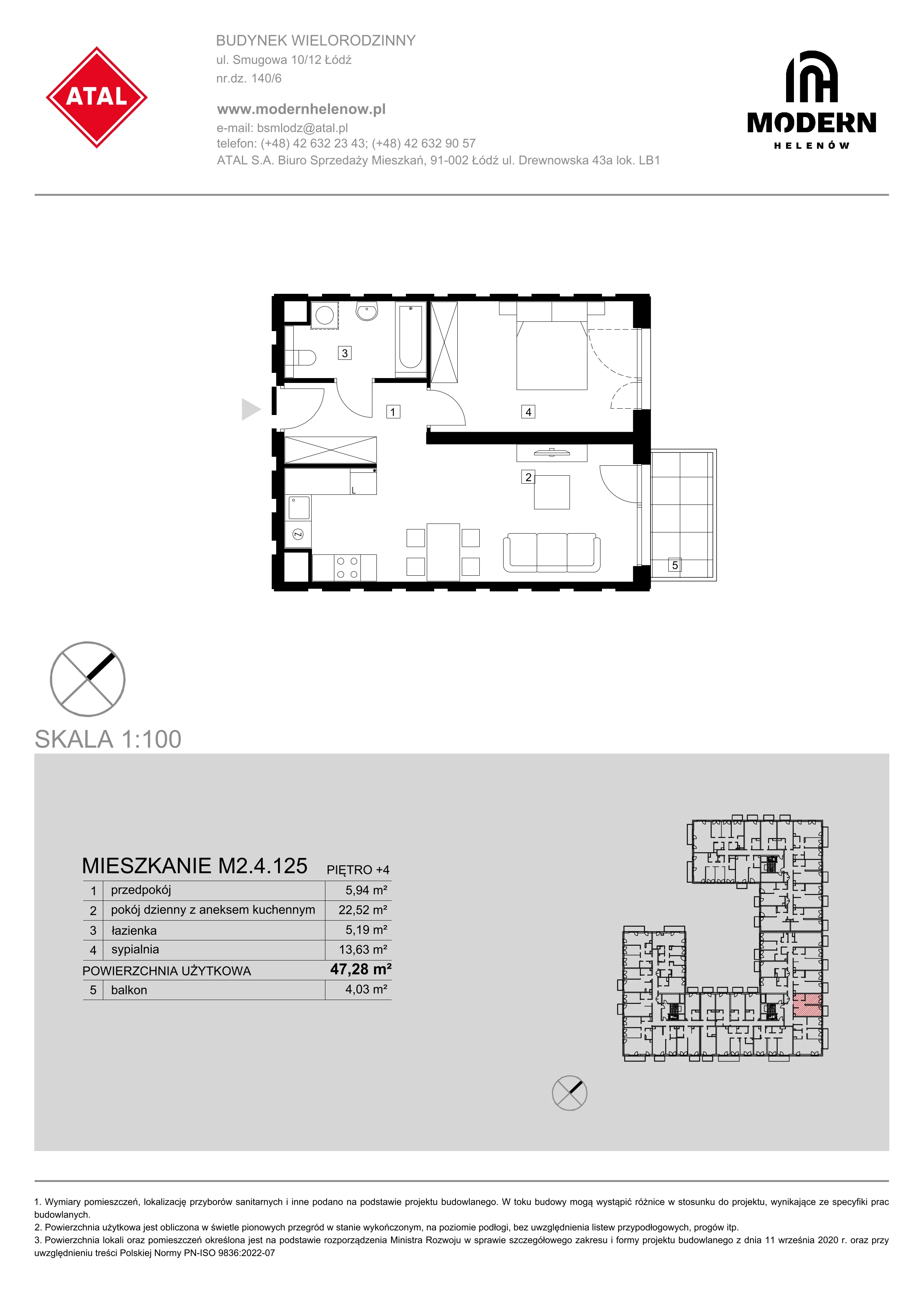 Mieszkanie 47,28 m², piętro 4, oferta nr M2.4.125, Modern Helenów, Łódź, Bałuty, Helenów, ul. Smugowa 10/12