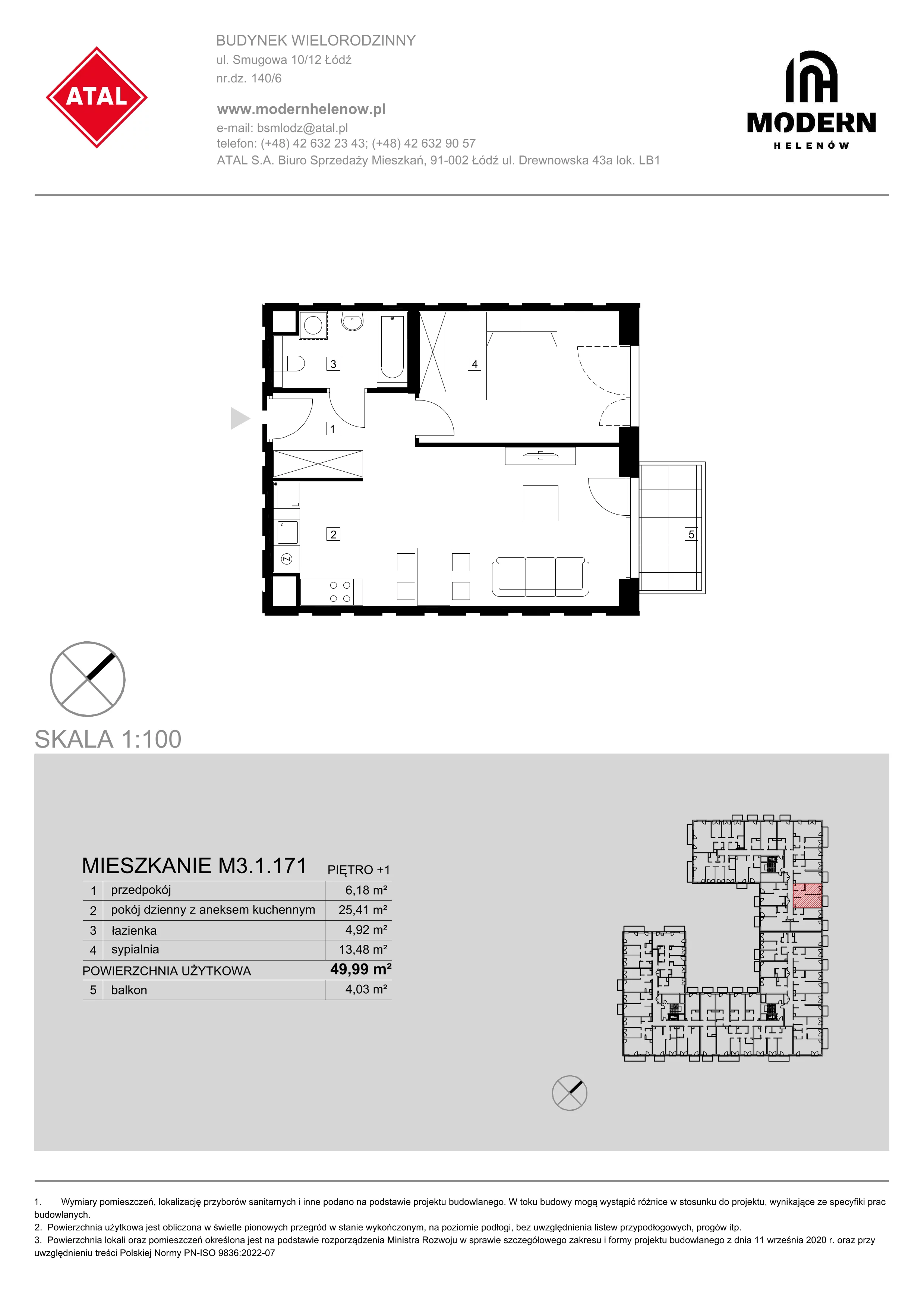 Mieszkanie 49,99 m², piętro 1, oferta nr M3.1.171, Modern Helenów, Łódź, Bałuty, Helenów, ul. Smugowa 10/12