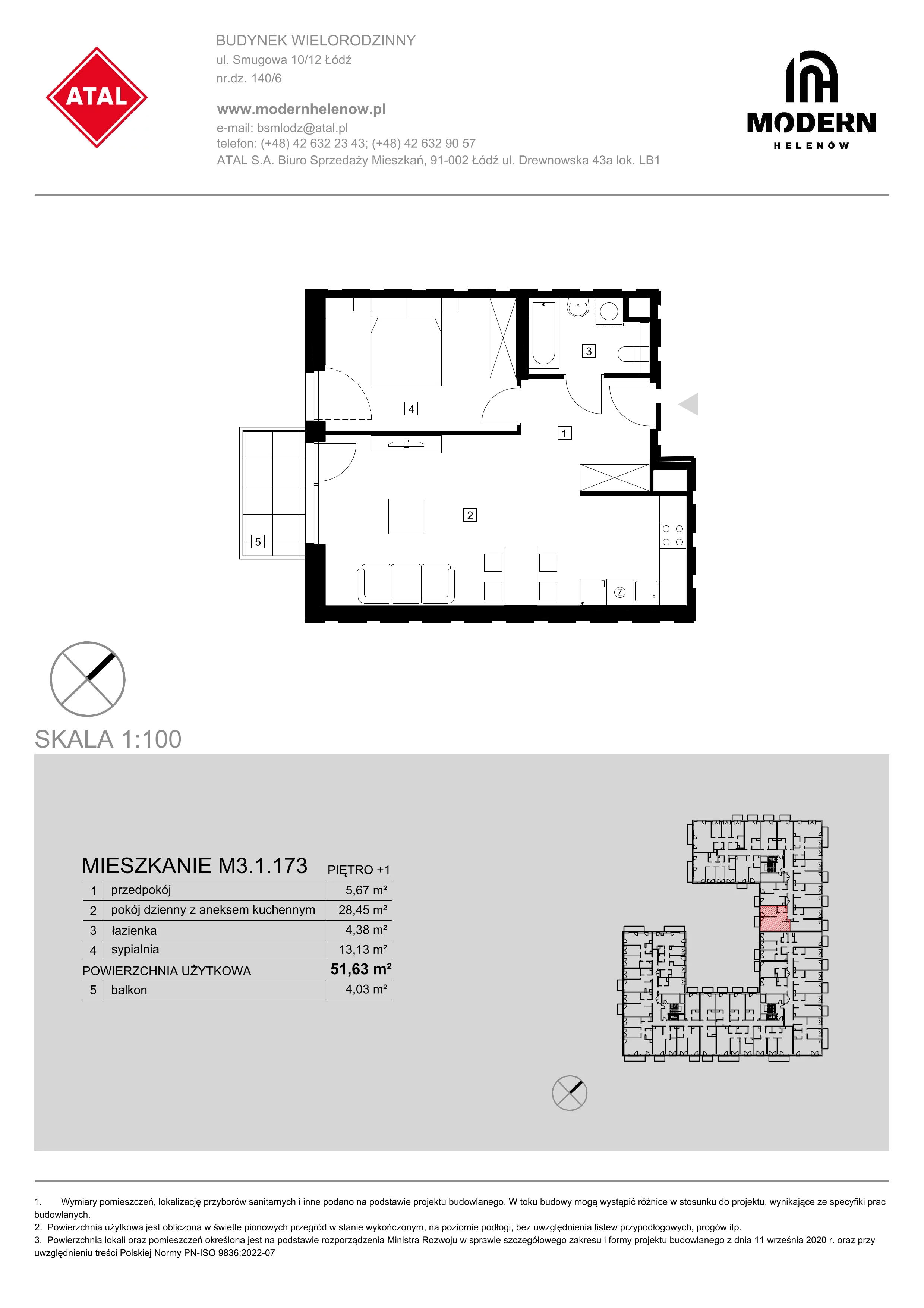 Mieszkanie 51,63 m², piętro 1, oferta nr M3.1.173, Modern Helenów, Łódź, Bałuty, Helenów, ul. Smugowa 10/12