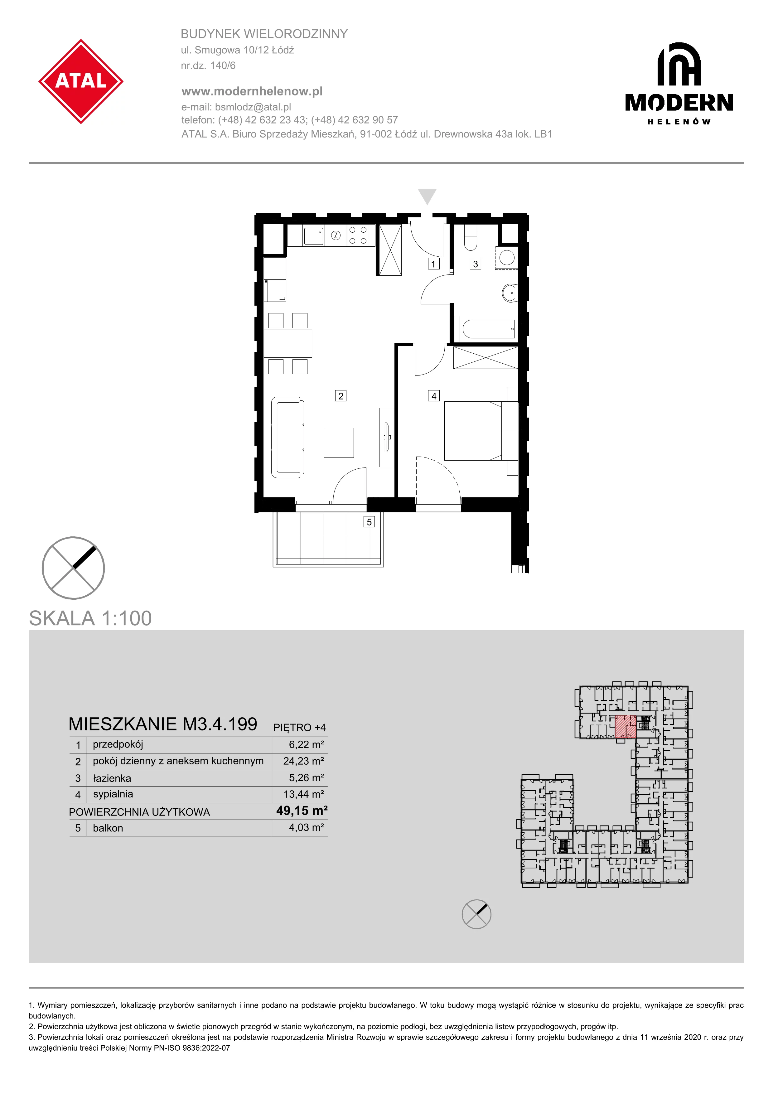 Mieszkanie 49,15 m², piętro 4, oferta nr M3.4.199, Modern Helenów, Łódź, Bałuty, Helenów, ul. Smugowa 10/12