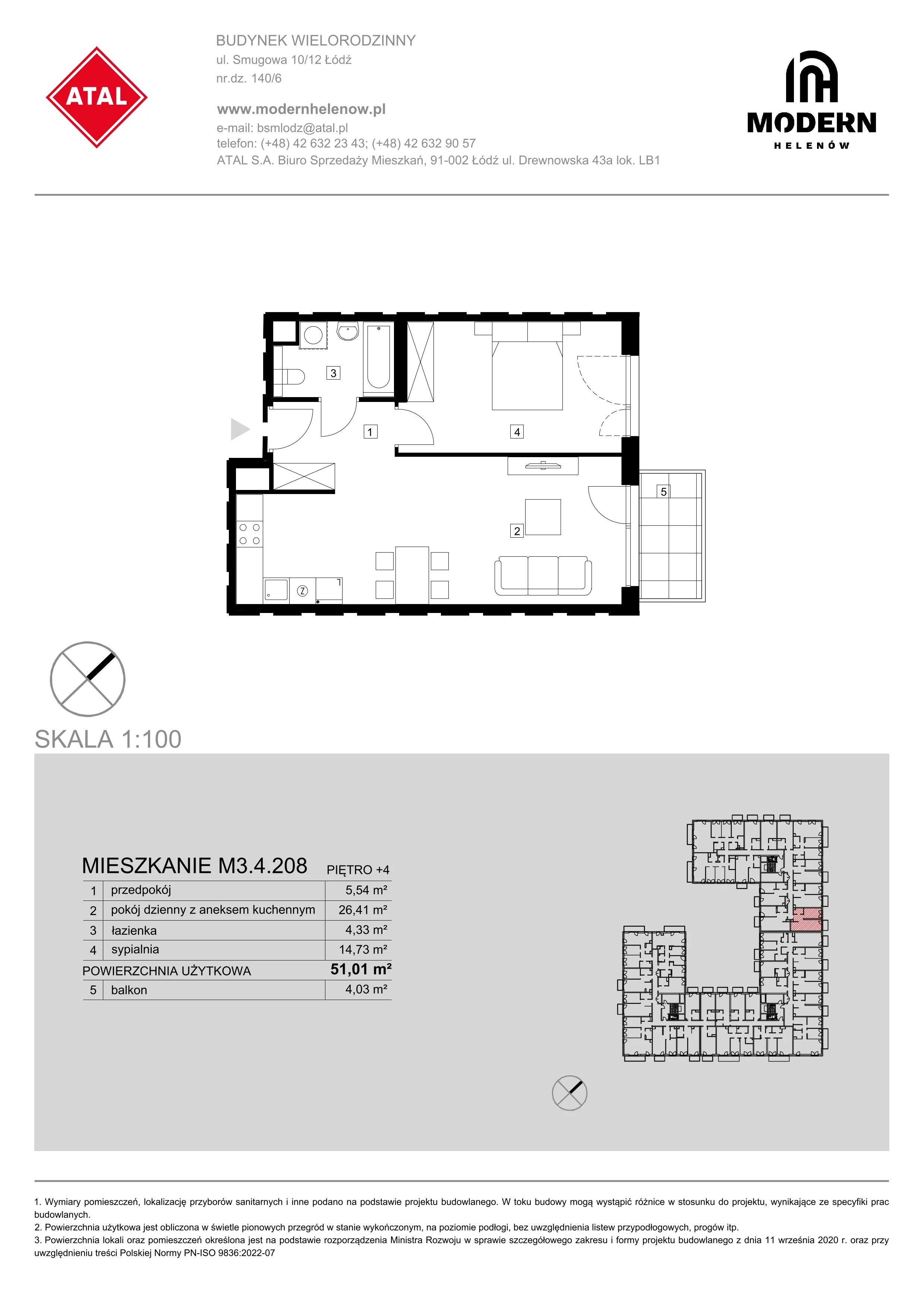 Mieszkanie 51,01 m², piętro 4, oferta nr M3.4.208, Modern Helenów, Łódź, Bałuty, Helenów, ul. Smugowa 10/12