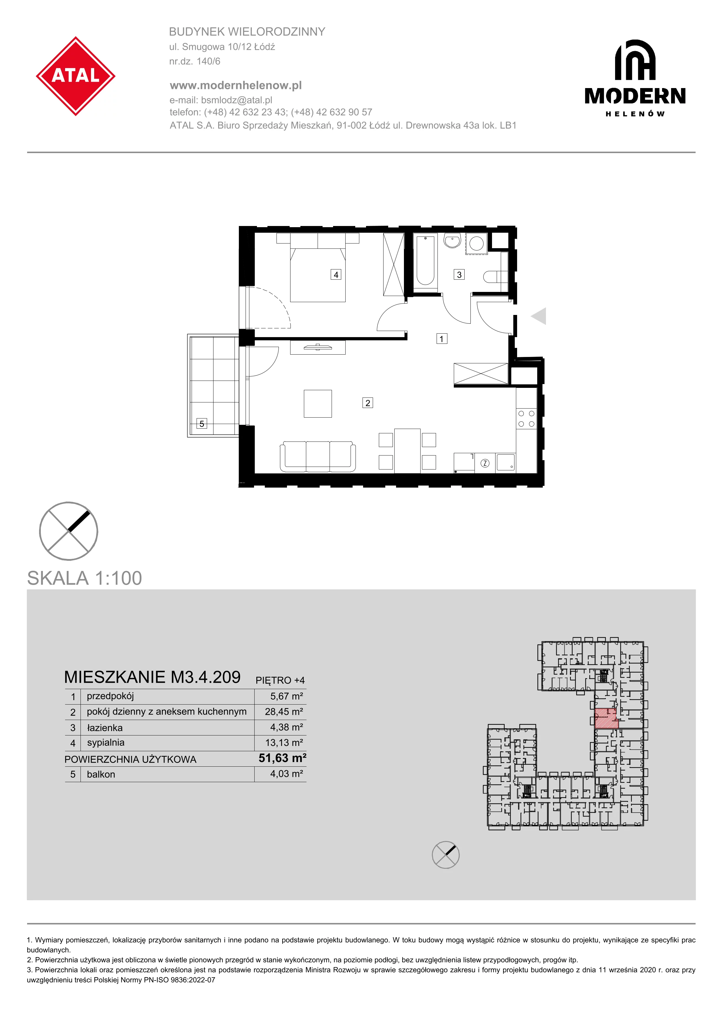 Mieszkanie 51,63 m², piętro 4, oferta nr M3.4.209, Modern Helenów, Łódź, Bałuty, Helenów, ul. Smugowa 10/12