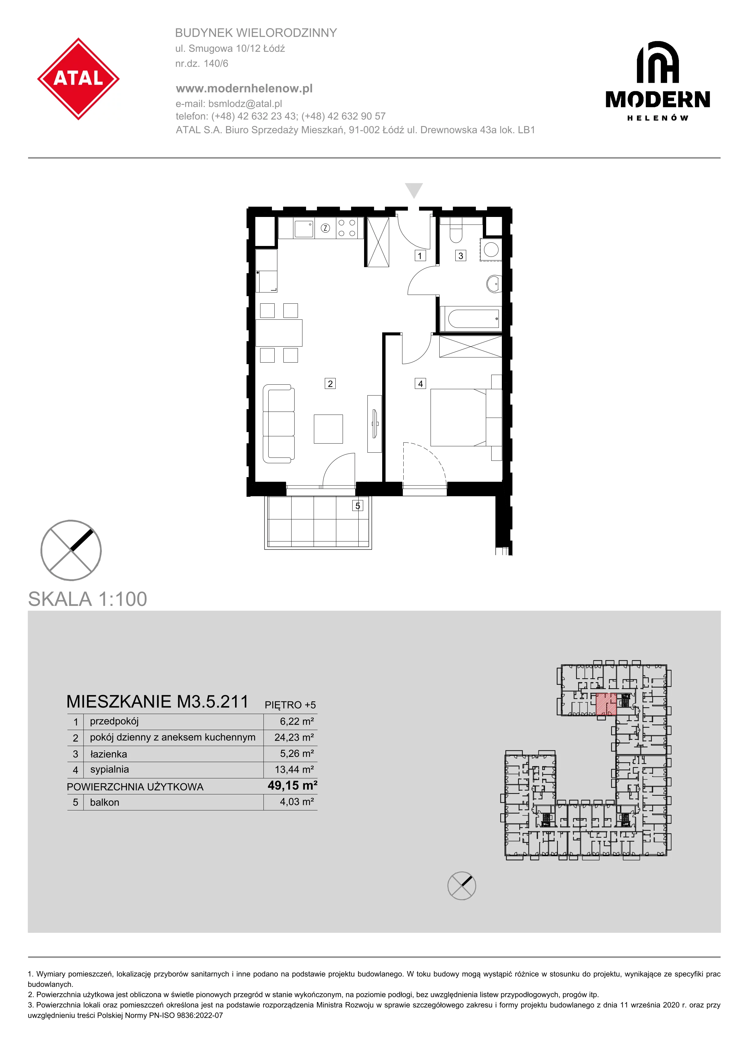 Mieszkanie 49,15 m², piętro 5, oferta nr M3.5.211, Modern Helenów, Łódź, Bałuty, Helenów, ul. Smugowa 10/12