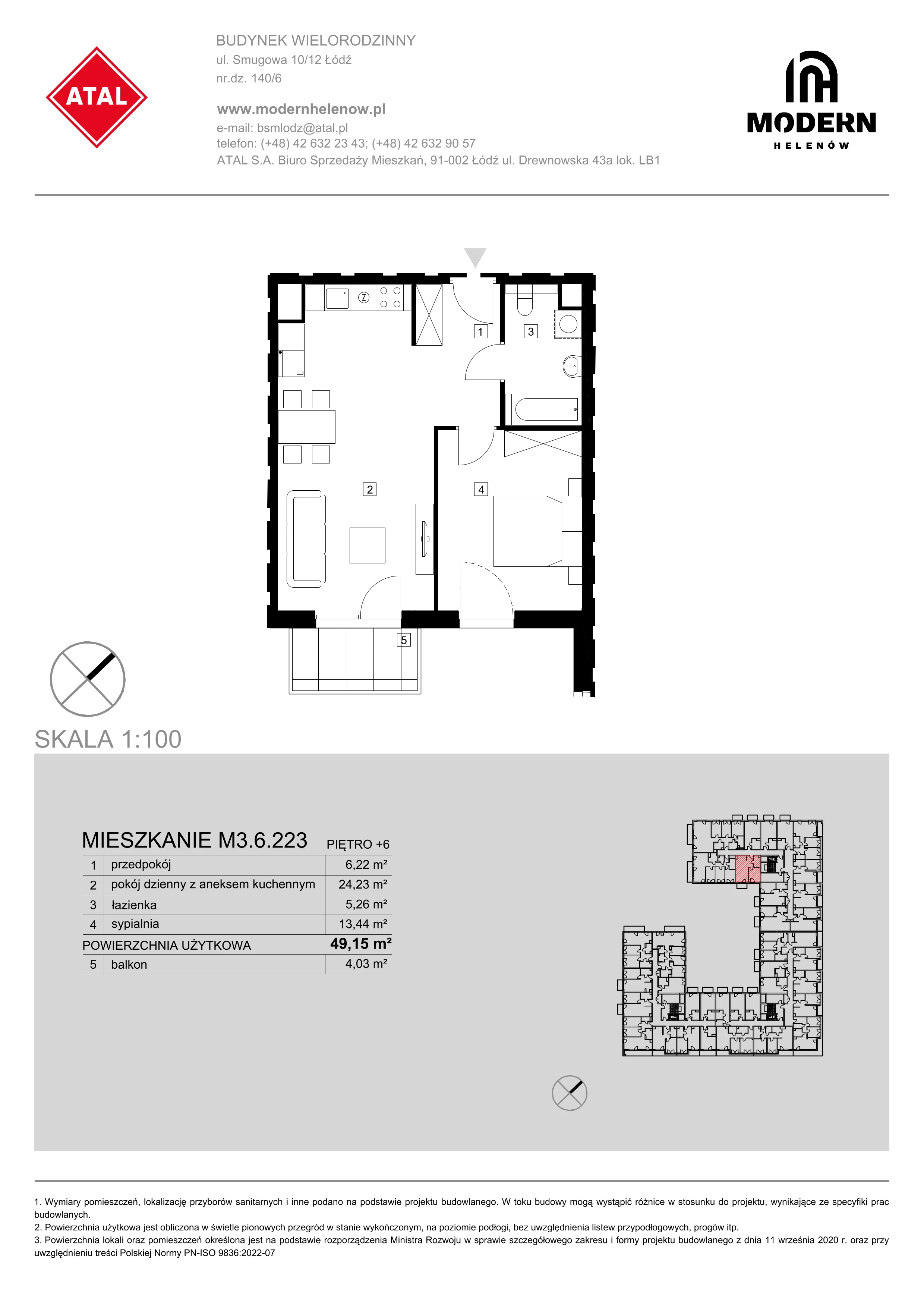 Mieszkanie 49,15 m², piętro 6, oferta nr M3.6.223, Modern Helenów, Łódź, Bałuty, Helenów, ul. Smugowa 10/12