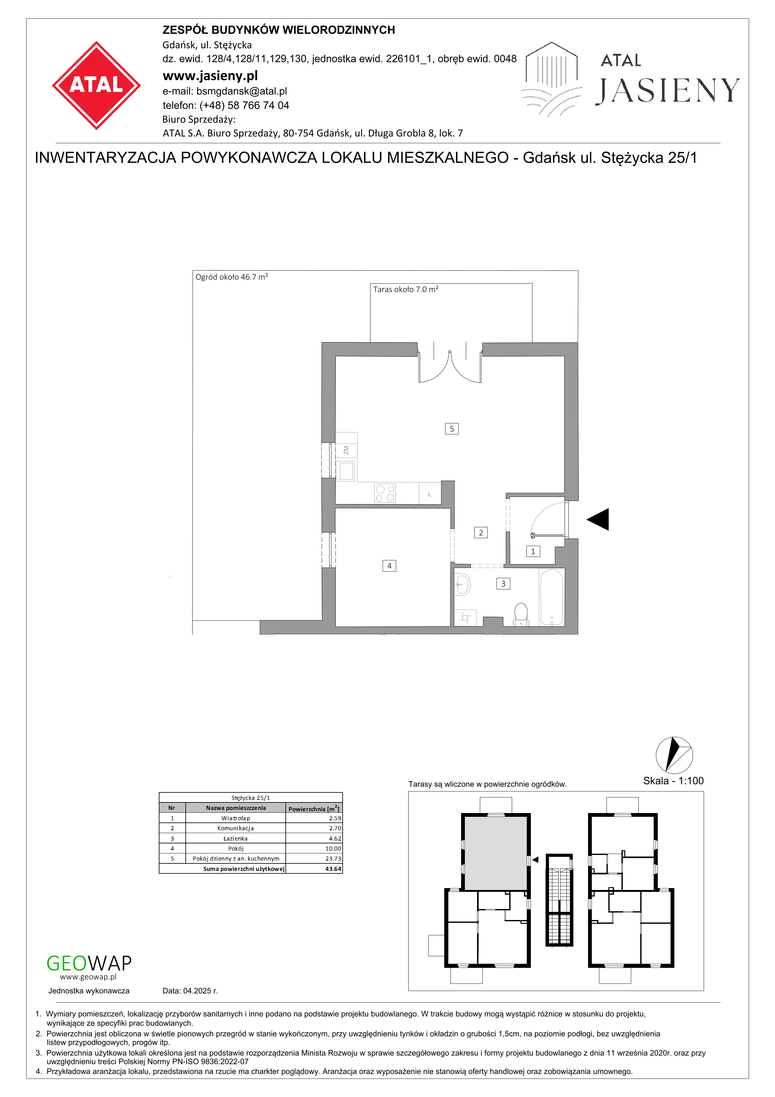 2 pokoje, mieszkanie 43,64 m², parter, oferta nr 1.1, ATAL Jasieny, Gdańsk, Jasień, ul. Stężycka