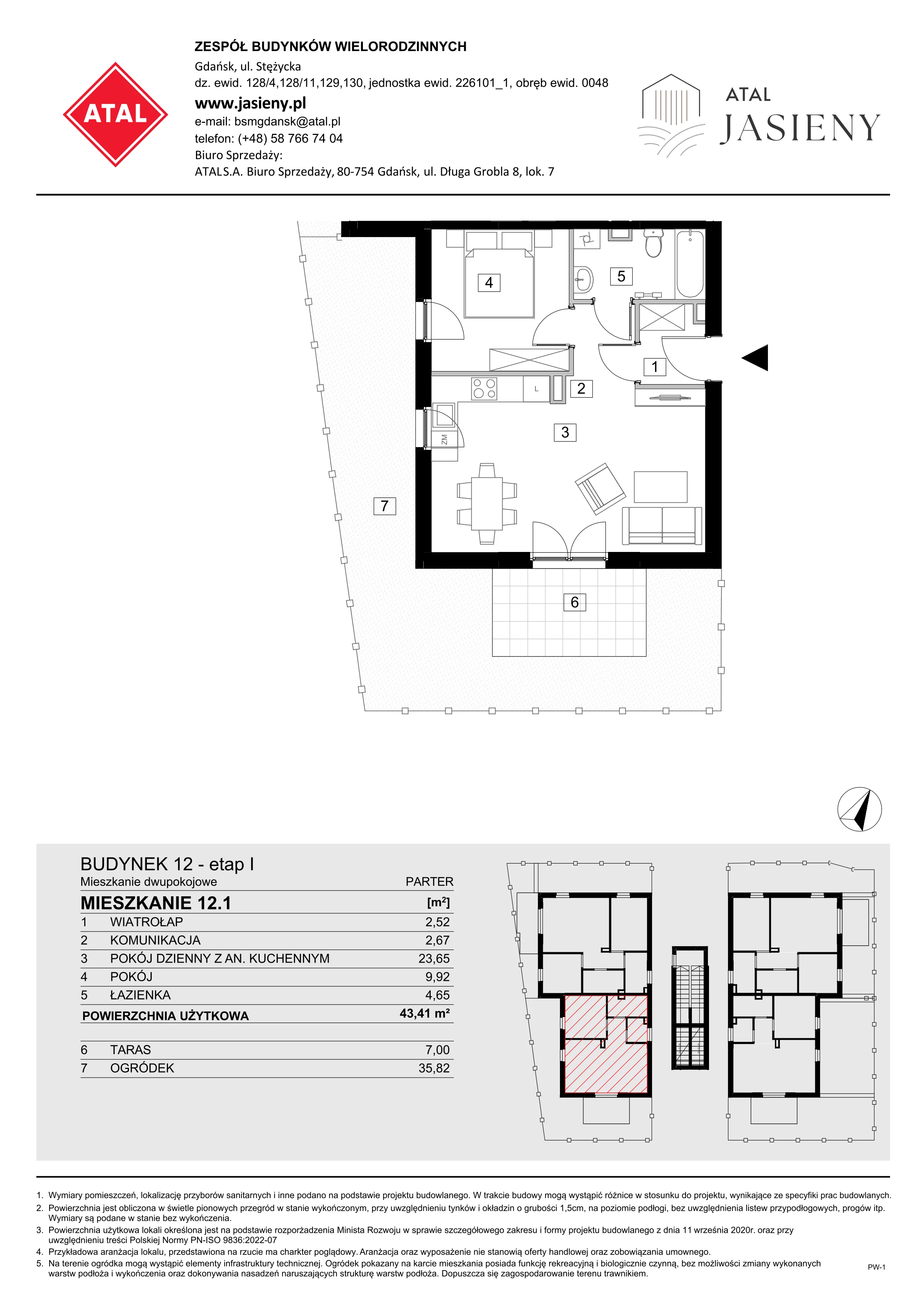 2 pokoje, mieszkanie 43,41 m², parter, oferta nr 12.1, ATAL Jasieny, Gdańsk, Jasień, ul. Stężycka