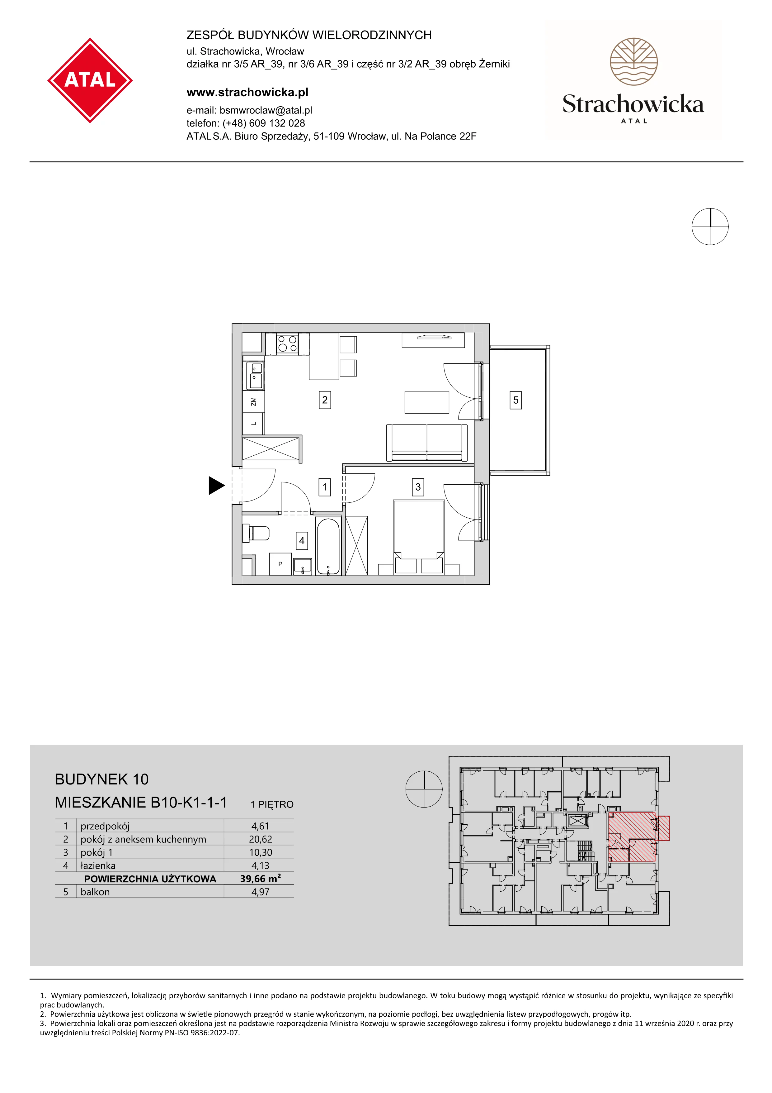 Mieszkanie 39,66 m², piętro 1, oferta nr B10-K1-1-1, ATAL Strachowicka, Wrocław, Żerniki, Fabryczna, ul. Strachowicka