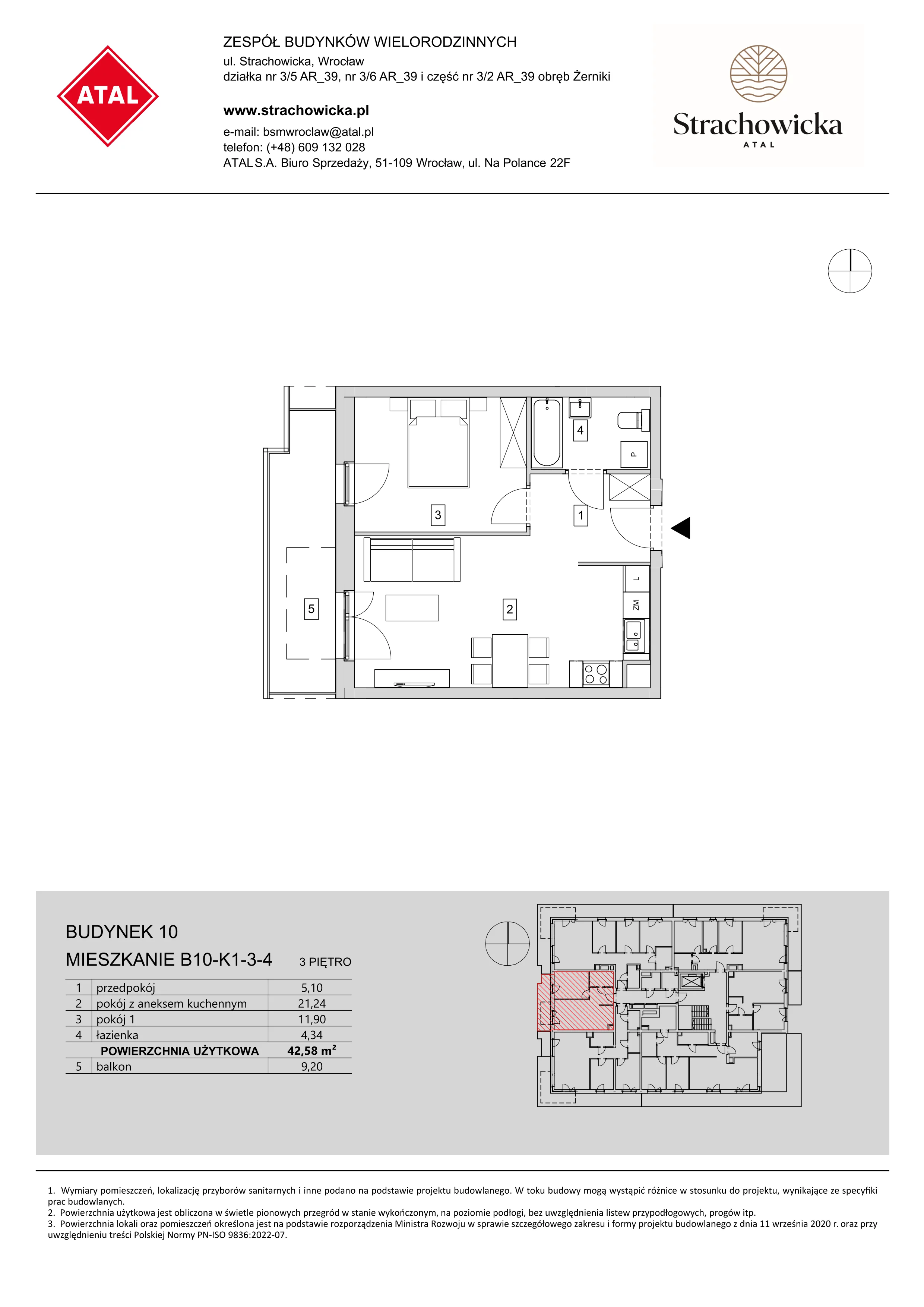 Mieszkanie 42,58 m², piętro 3, oferta nr B10-K1-3-4, ATAL Strachowicka, Wrocław, Żerniki, Fabryczna, ul. Strachowicka