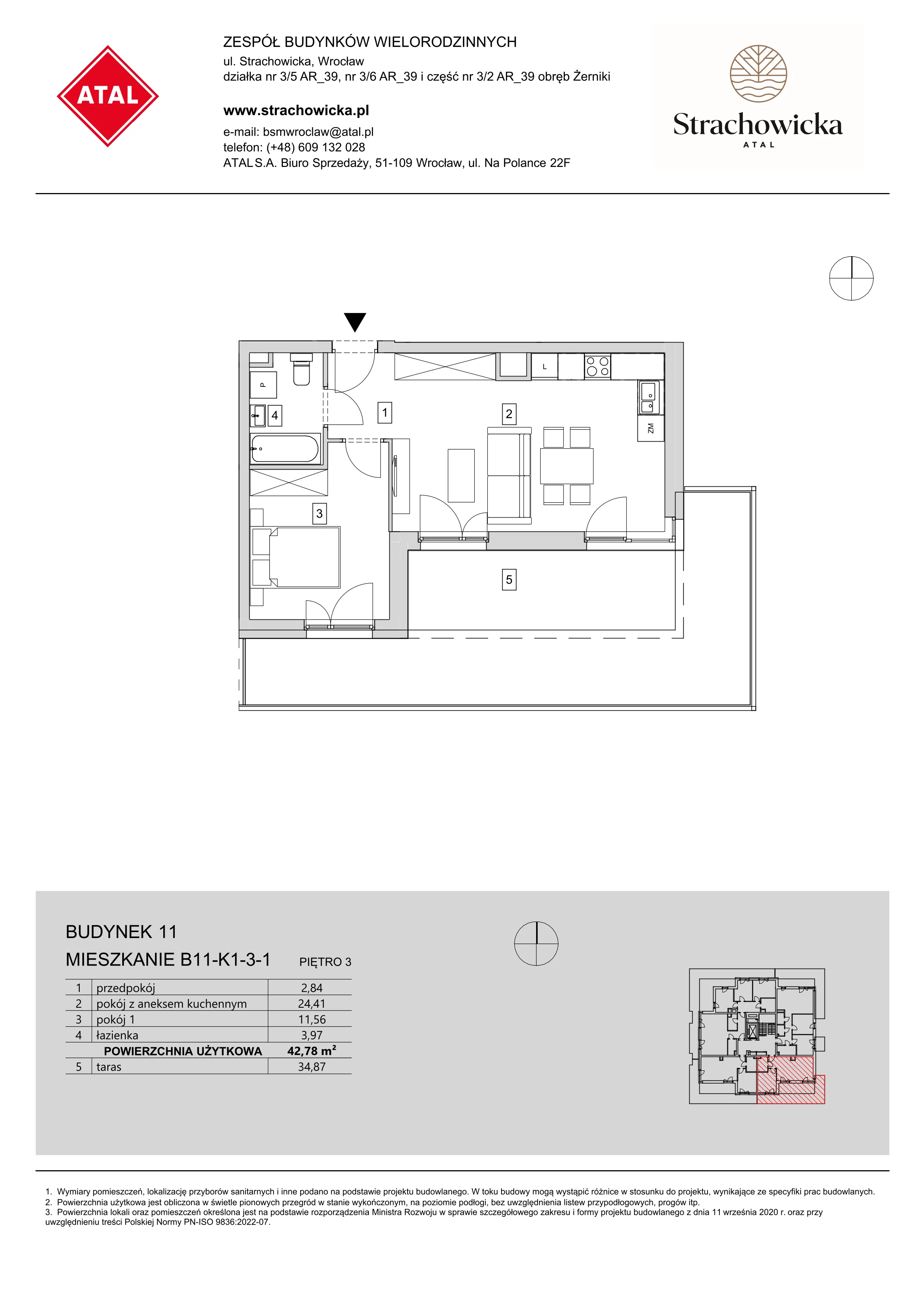 Mieszkanie 42,78 m², piętro 3, oferta nr B11-K1-3-1, ATAL Strachowicka, Wrocław, Żerniki, Fabryczna, ul. Strachowicka