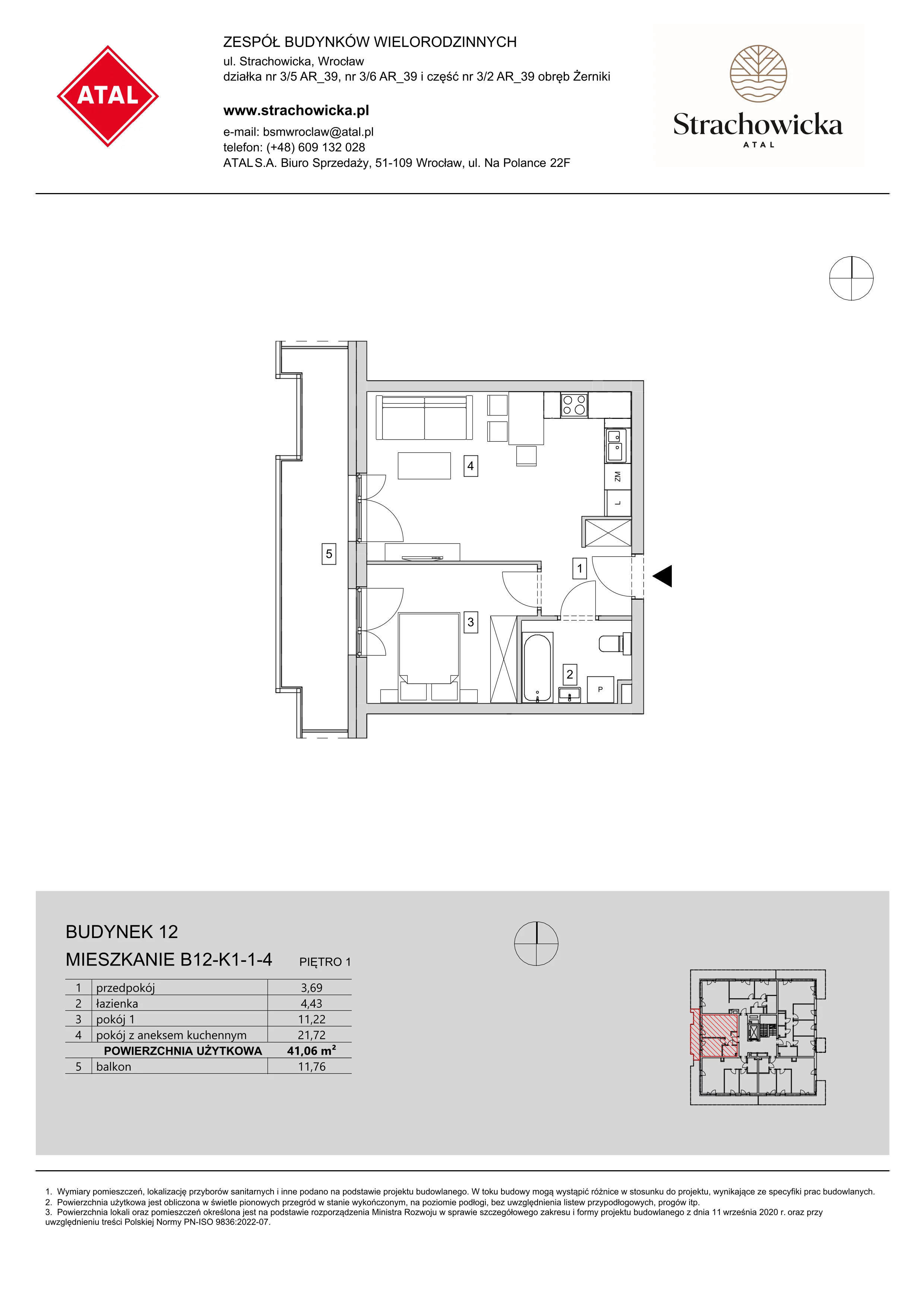 Mieszkanie 41,06 m², piętro 1, oferta nr B12-K1-1-4, ATAL Strachowicka, Wrocław, Żerniki, Fabryczna, ul. Strachowicka