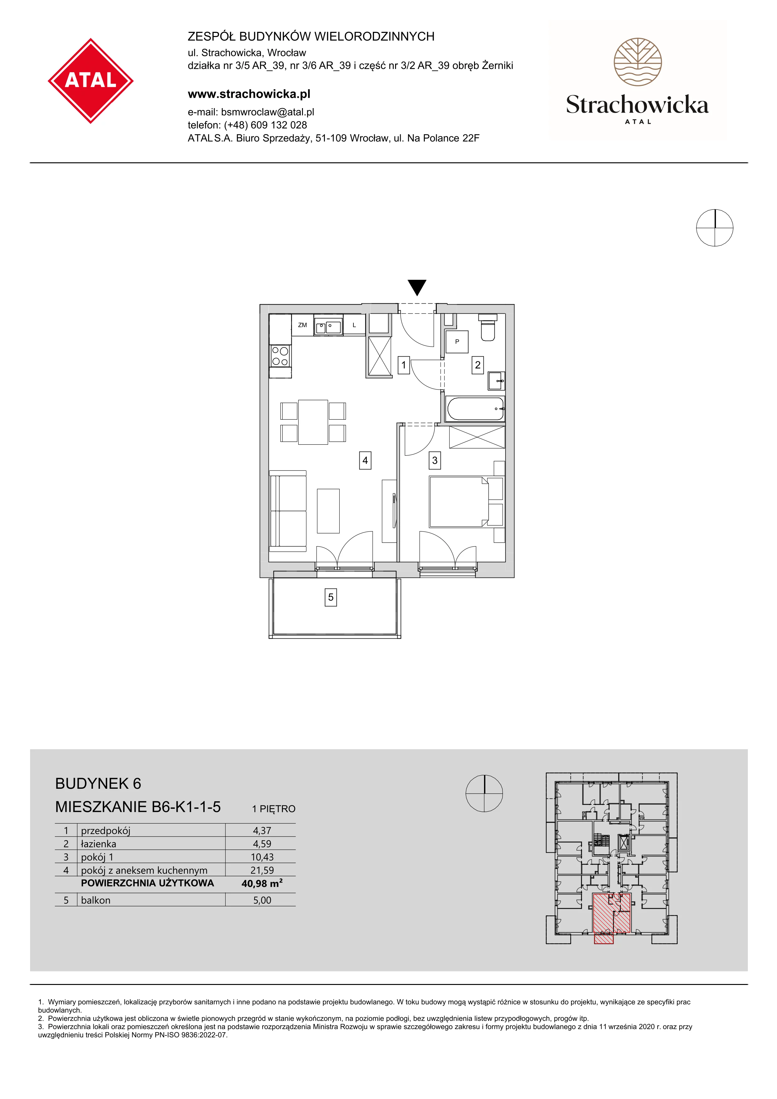 Mieszkanie 40,98 m², piętro 1, oferta nr B6-K1-1-5, ATAL Strachowicka, Wrocław, Żerniki, Fabryczna, ul. Strachowicka