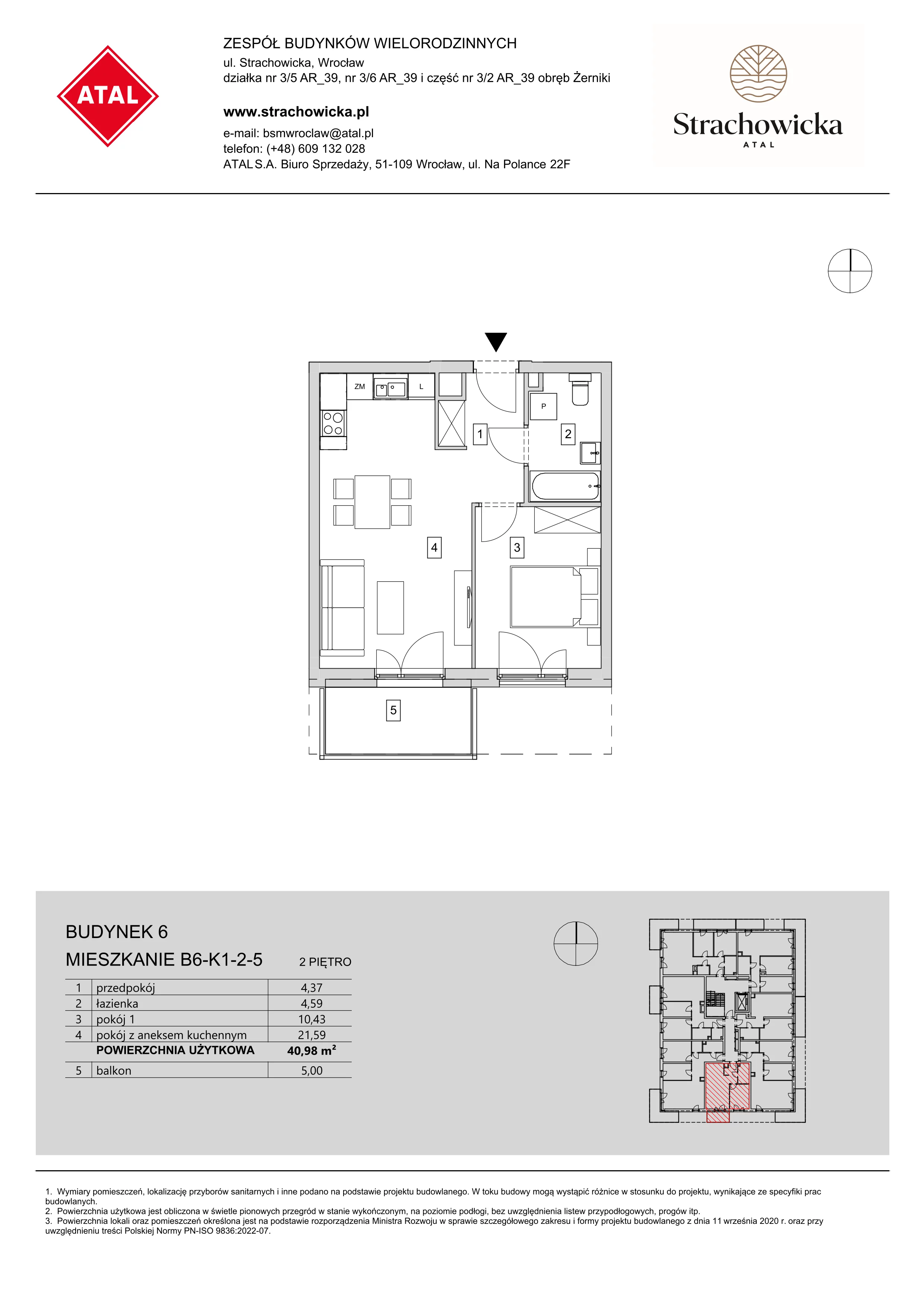 Mieszkanie 40,98 m², piętro 2, oferta nr B6-K1-2-5, ATAL Strachowicka, Wrocław, Żerniki, Fabryczna, ul. Strachowicka