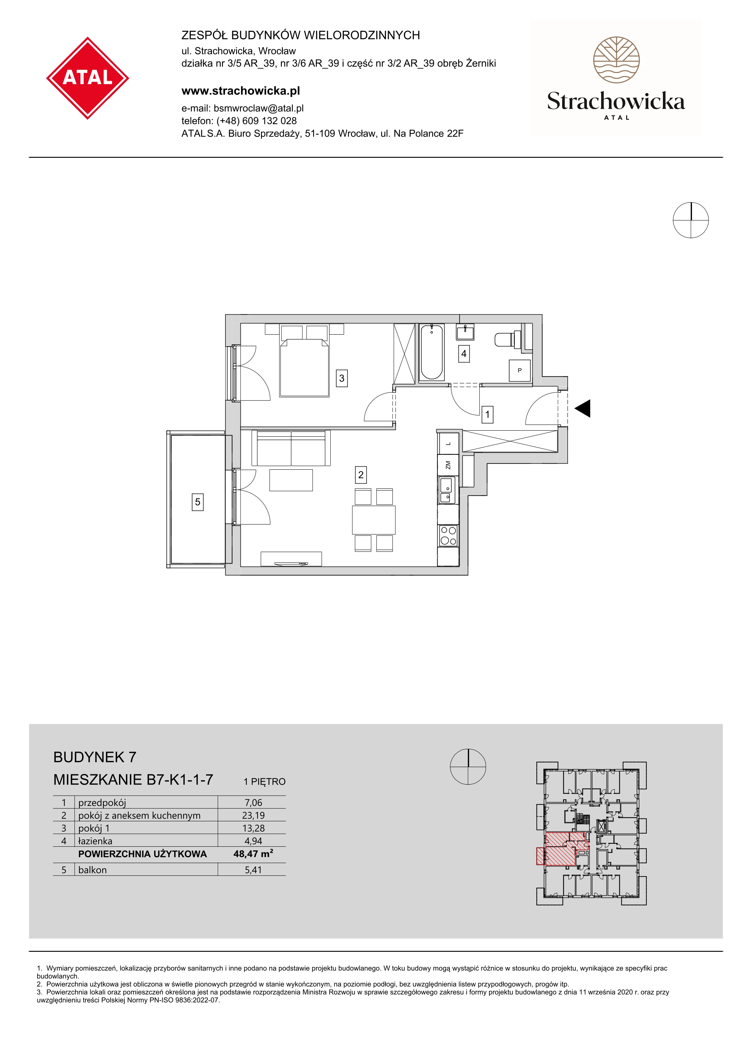 Mieszkanie 48,47 m², piętro 1, oferta nr B7-K1-1-7, ATAL Strachowicka, Wrocław, Żerniki, Fabryczna, ul. Strachowicka