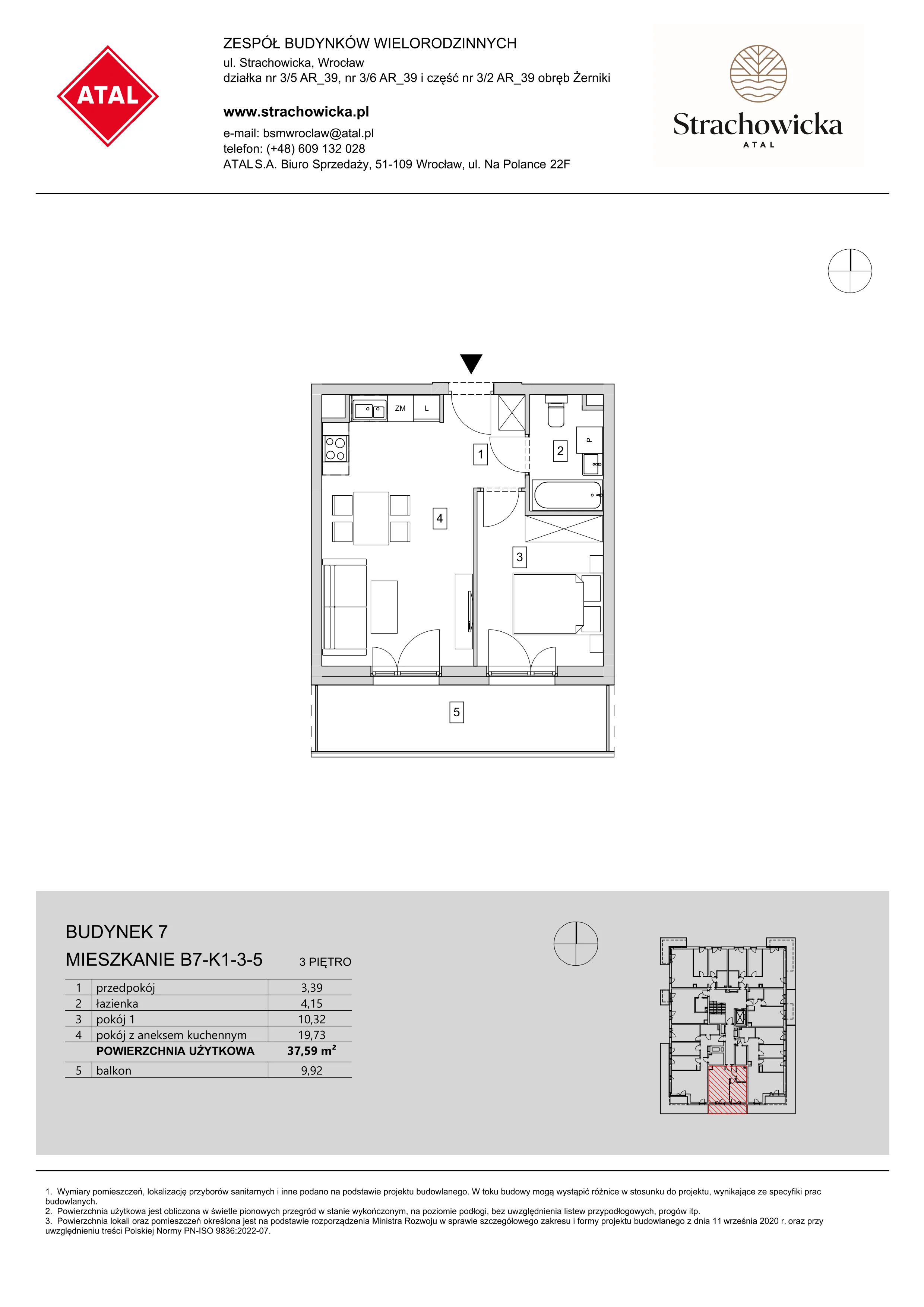 Mieszkanie 37,59 m², piętro 3, oferta nr B7-K1-3-5, ATAL Strachowicka, Wrocław, Żerniki, Fabryczna, ul. Strachowicka