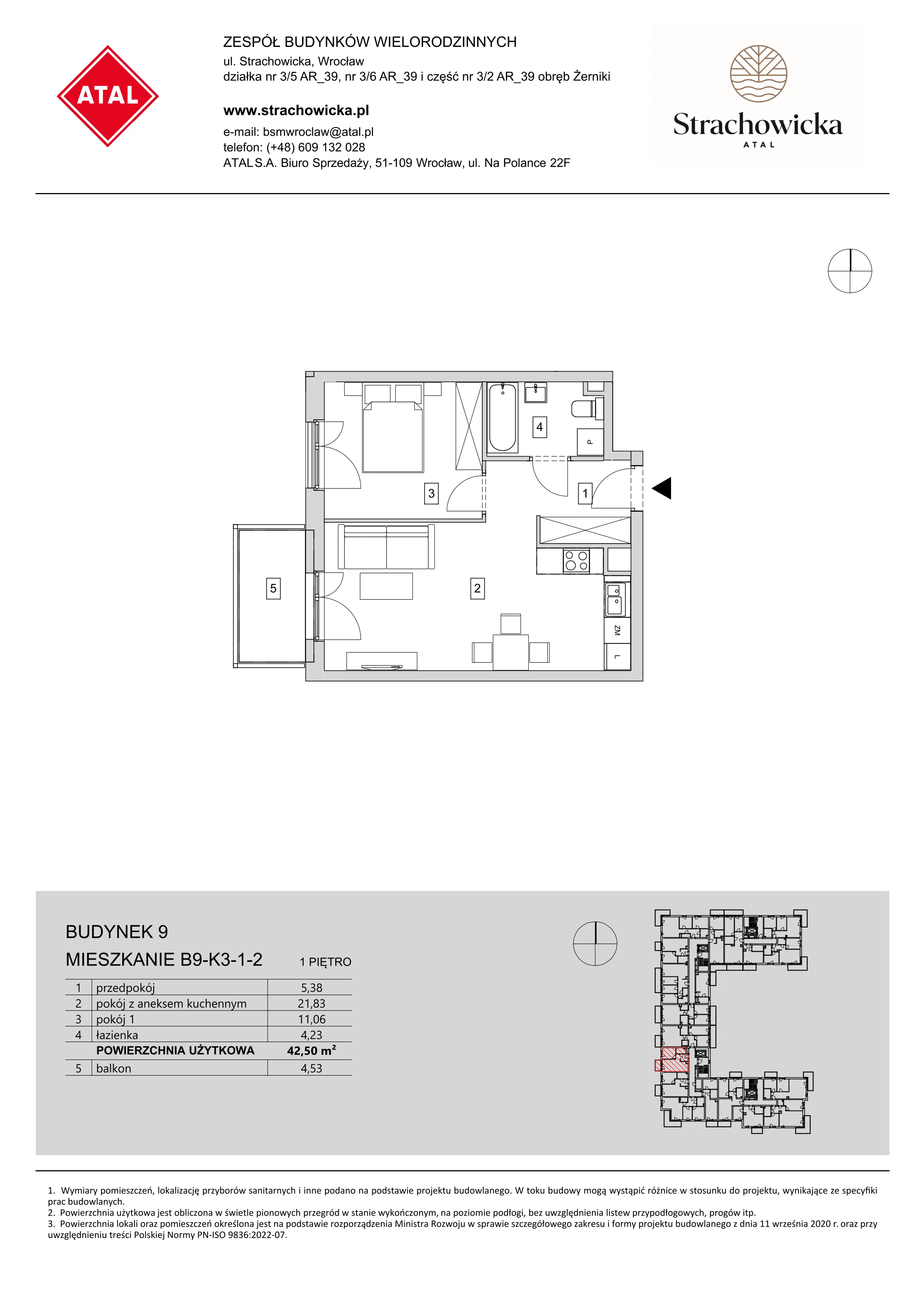 Mieszkanie 42,50 m², piętro 1, oferta nr B9-K3-1-2, ATAL Strachowicka, Wrocław, Żerniki, Fabryczna, ul. Strachowicka