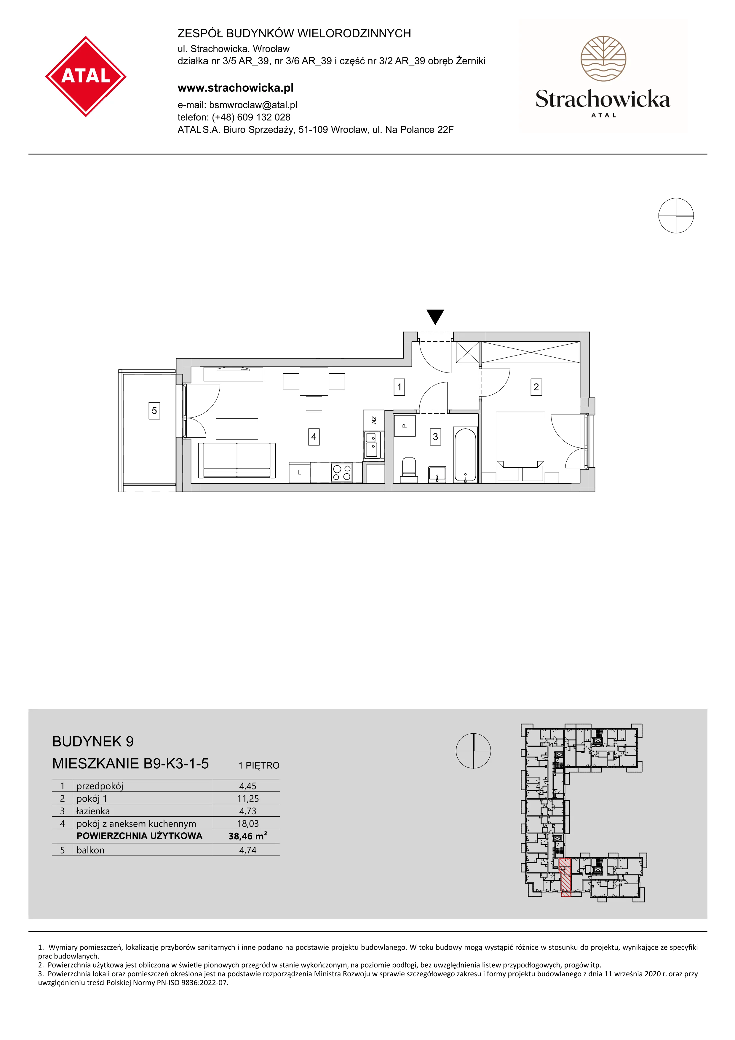 Mieszkanie 38,46 m², piętro 1, oferta nr B9-K3-1-5, ATAL Strachowicka, Wrocław, Żerniki, Fabryczna, ul. Strachowicka